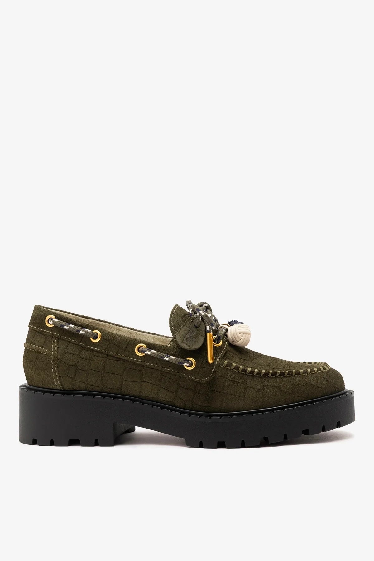 Larroude Cyprus Lugsole Loafer Olive Croco Suede