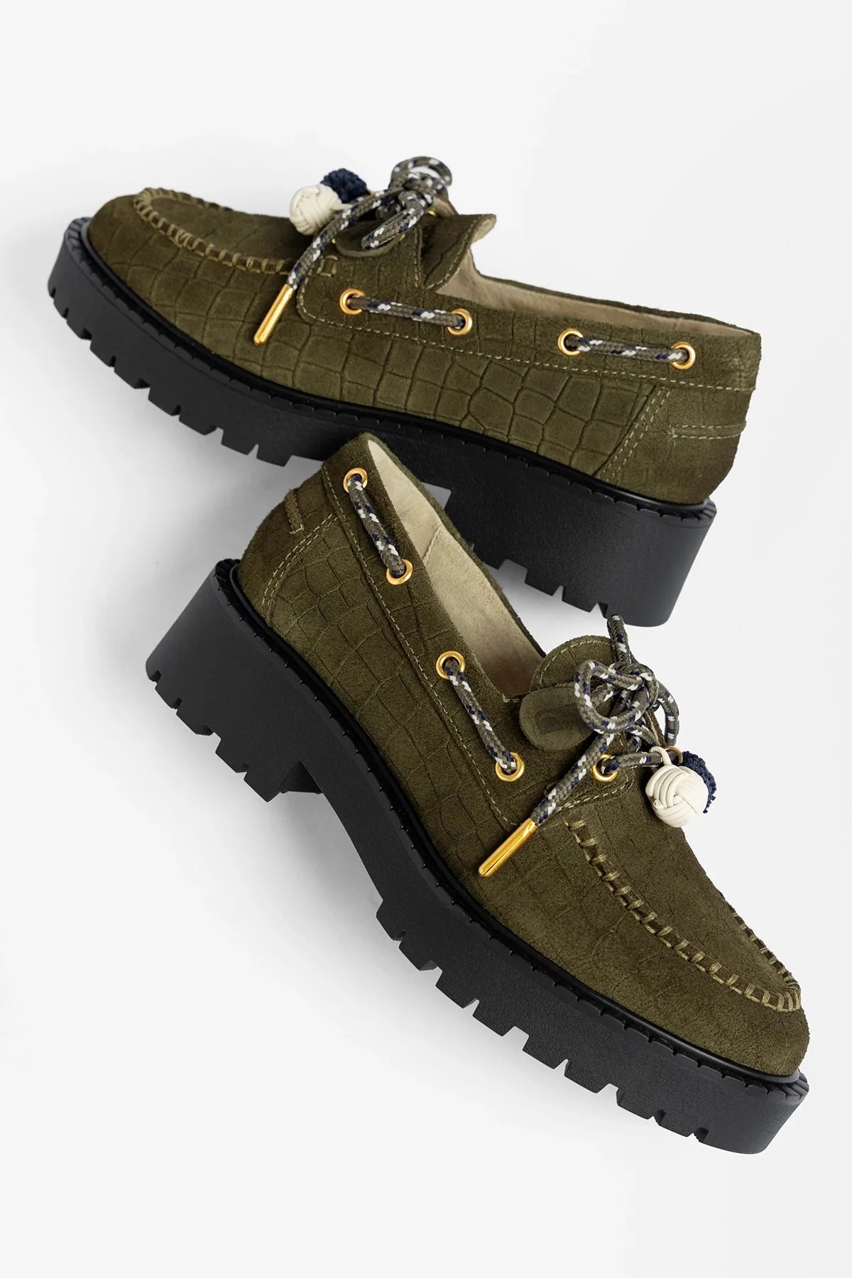 Larroude Cyprus Lugsole Loafer Olive Croco Suede