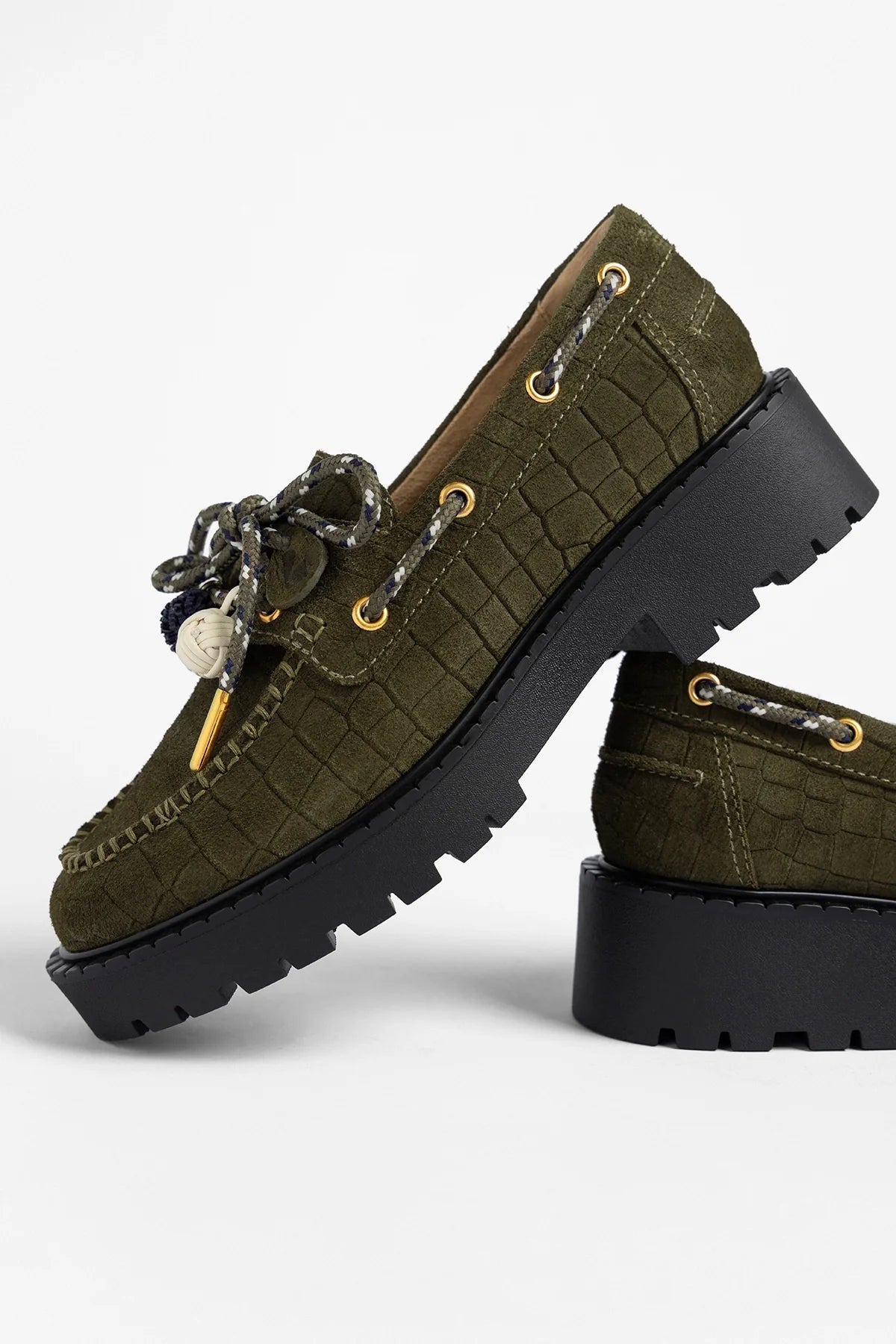 Larroude Cyprus Lugsole Loafer Olive Croco Suede