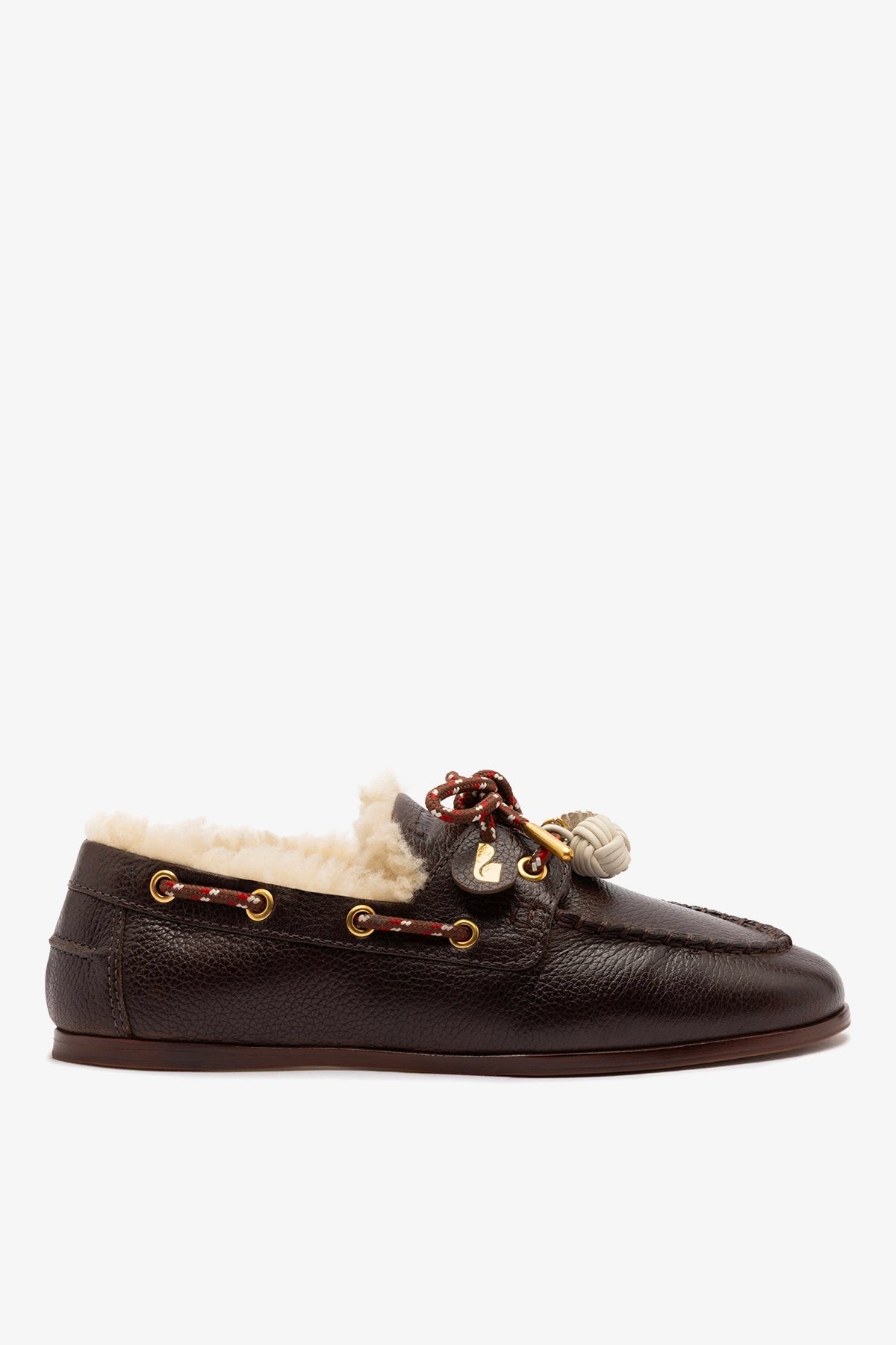 Larroude Cyprus Boat Shoe In Brown Leather and Natural Shearling