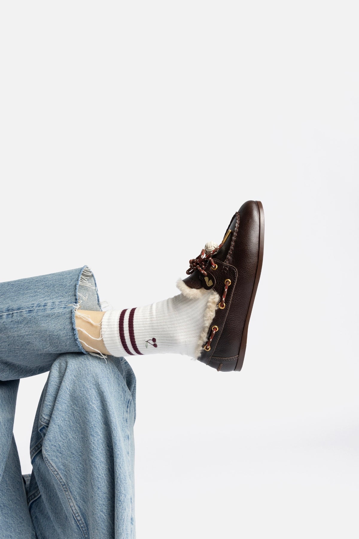 Larroude Cyprus Boat Shoe In Brown Leather and Natural Shearling