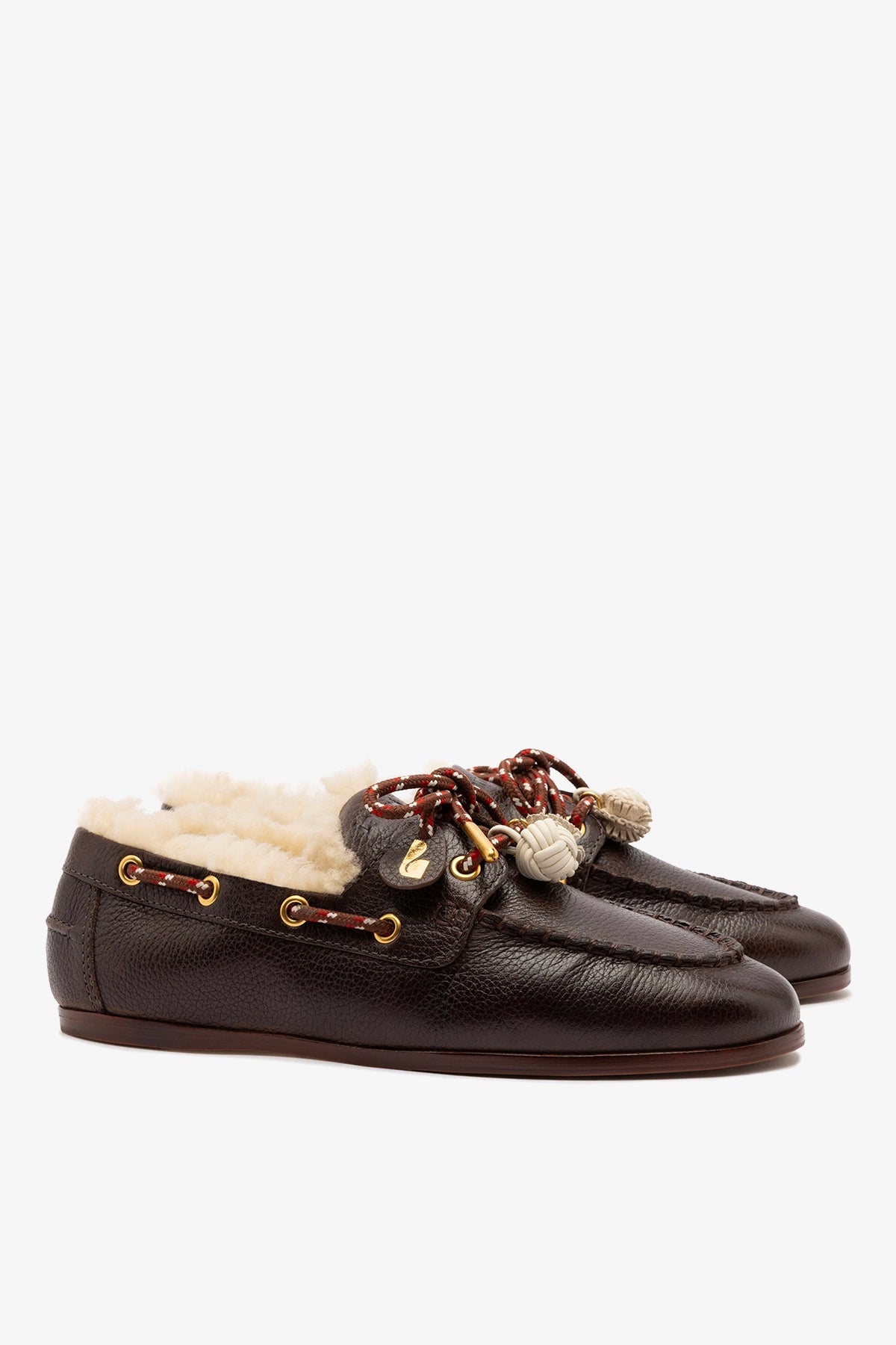 Larroude Cyprus Boat Shoe In Brown Leather and Natural Shearling