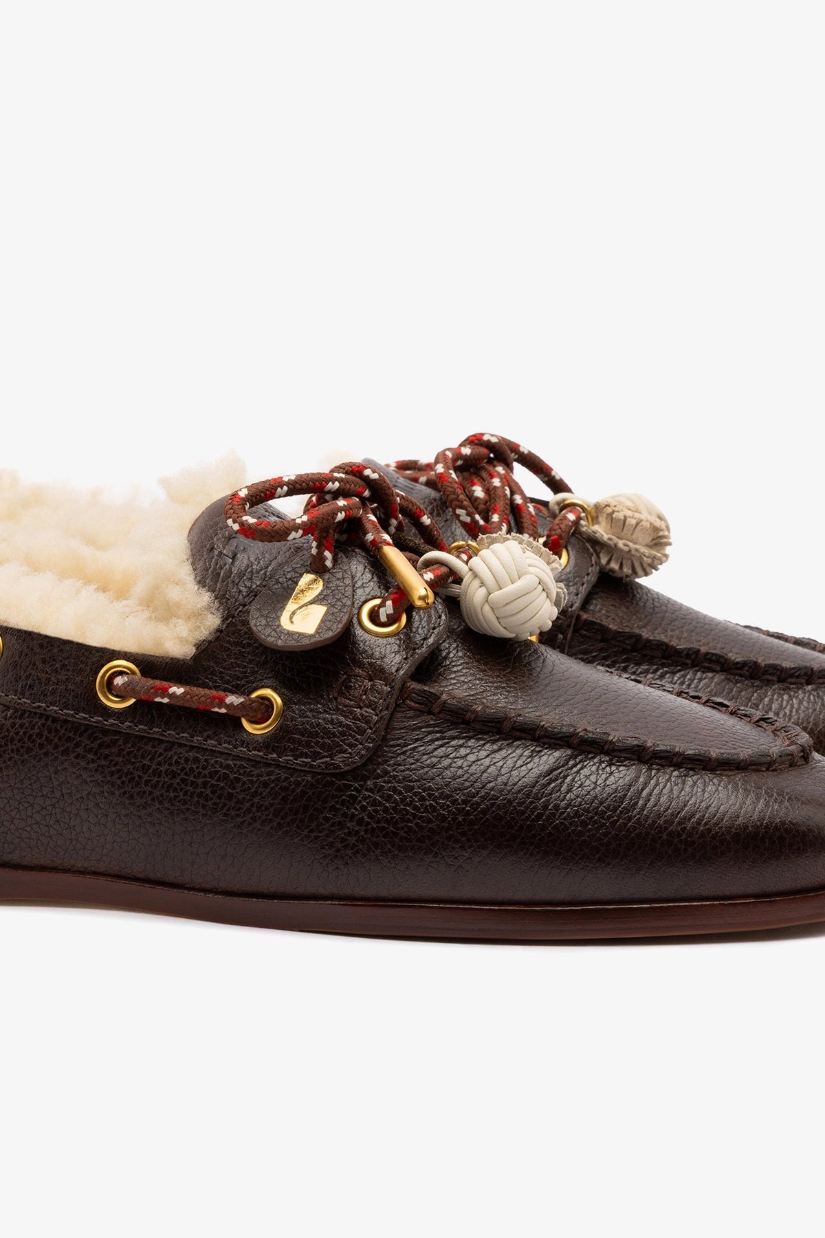 Larroude Cyprus Boat Shoe In Brown Leather and Natural Shearling