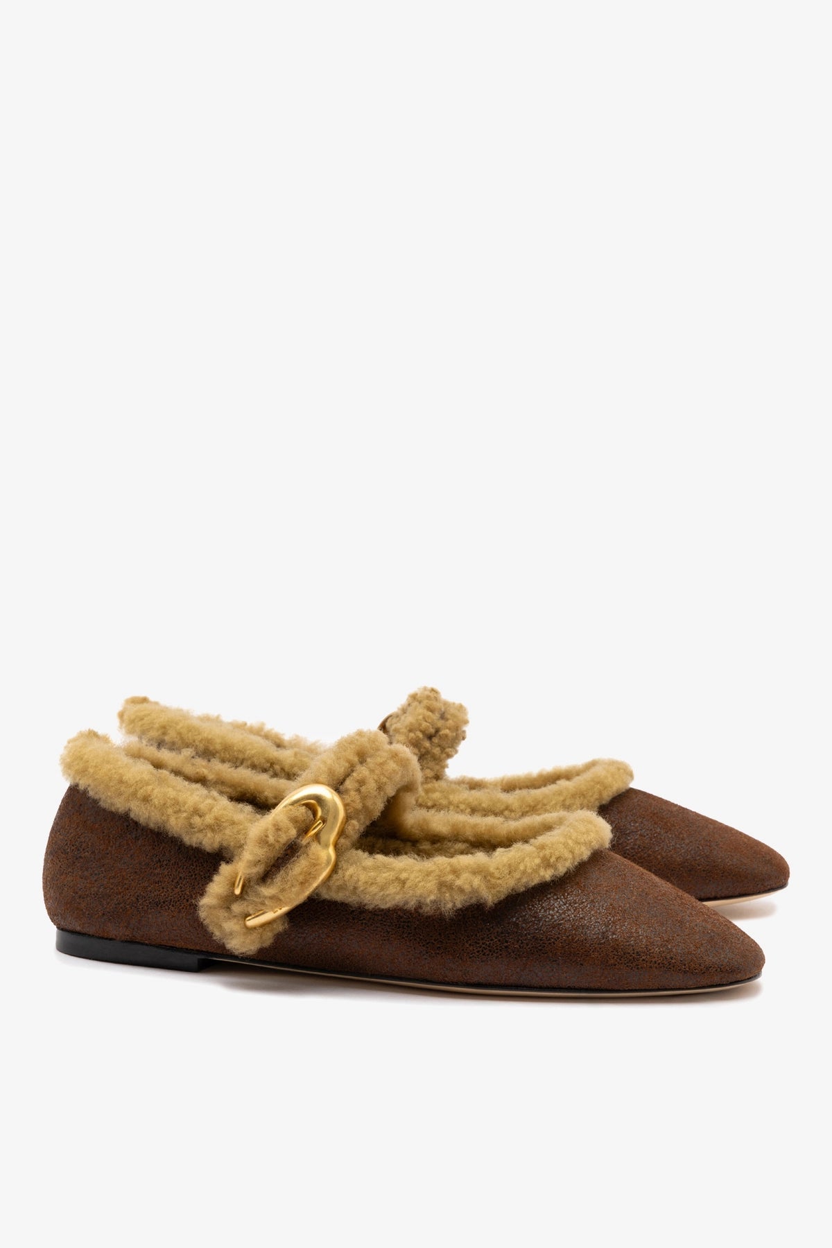 Larroude Verona Ballet Flat In Cocoa Leather And Natural Shearling
