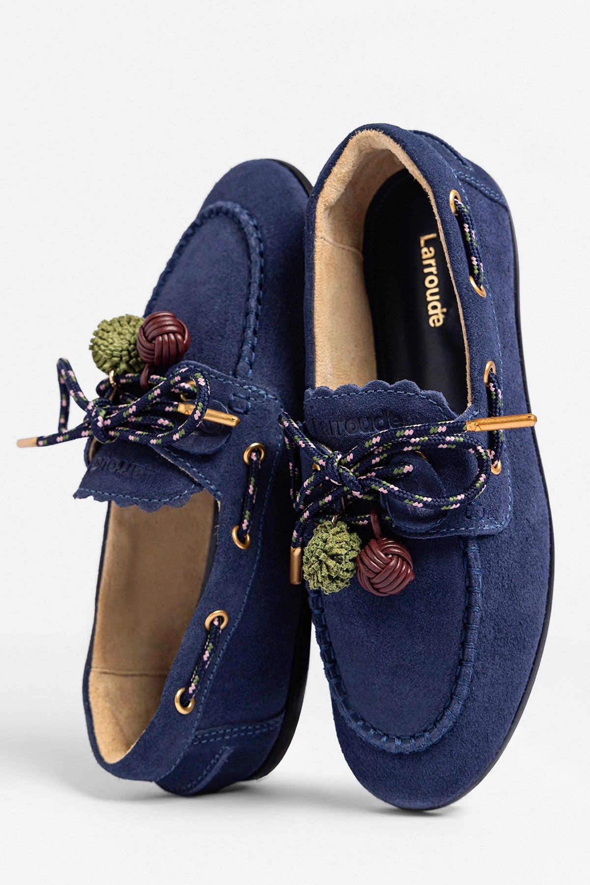 Larroude Cyprus Boat Shoe In Navy Suede