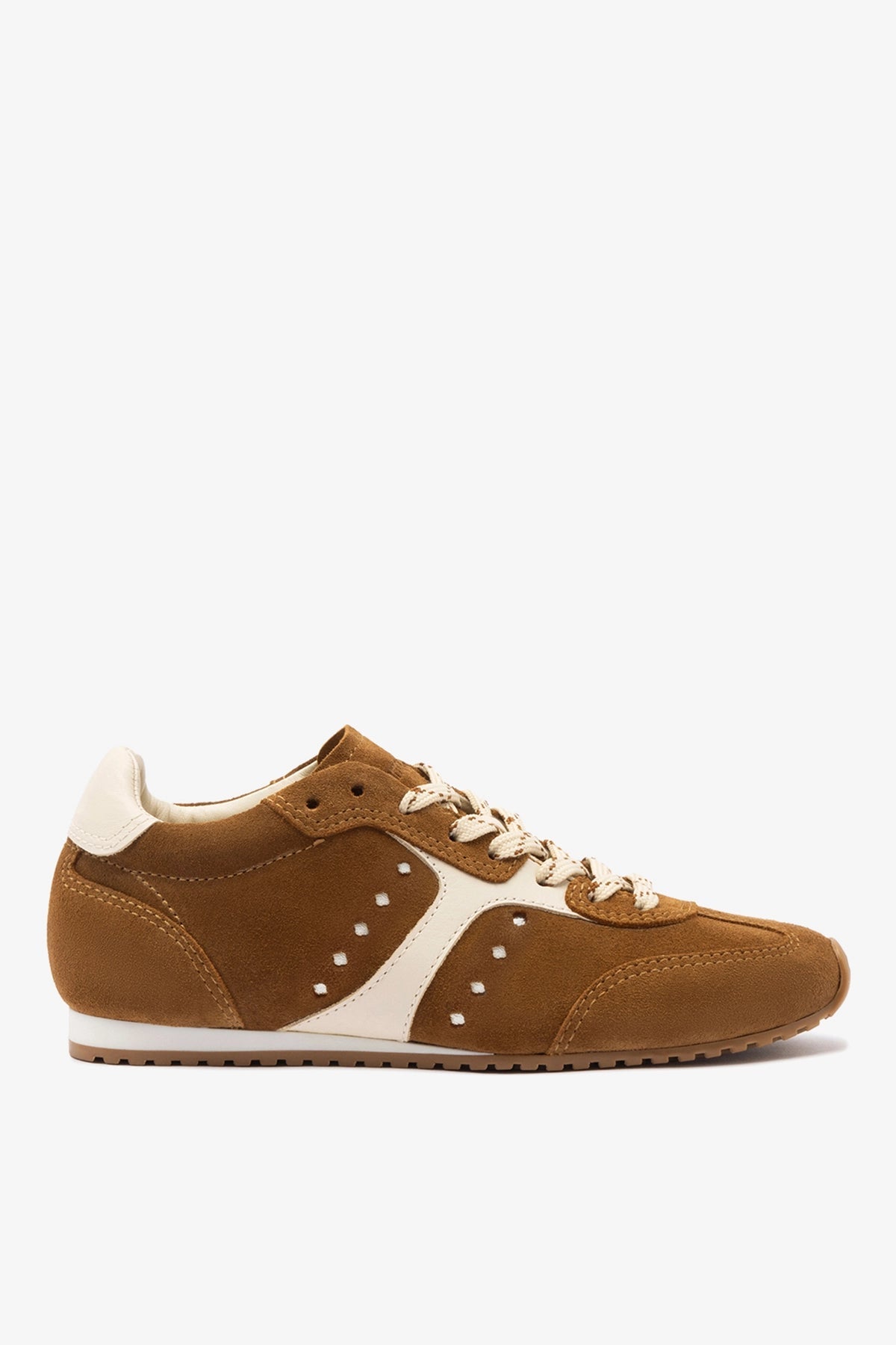 Larroude Stella Sneaker In Russet Suede and Ivory Leather