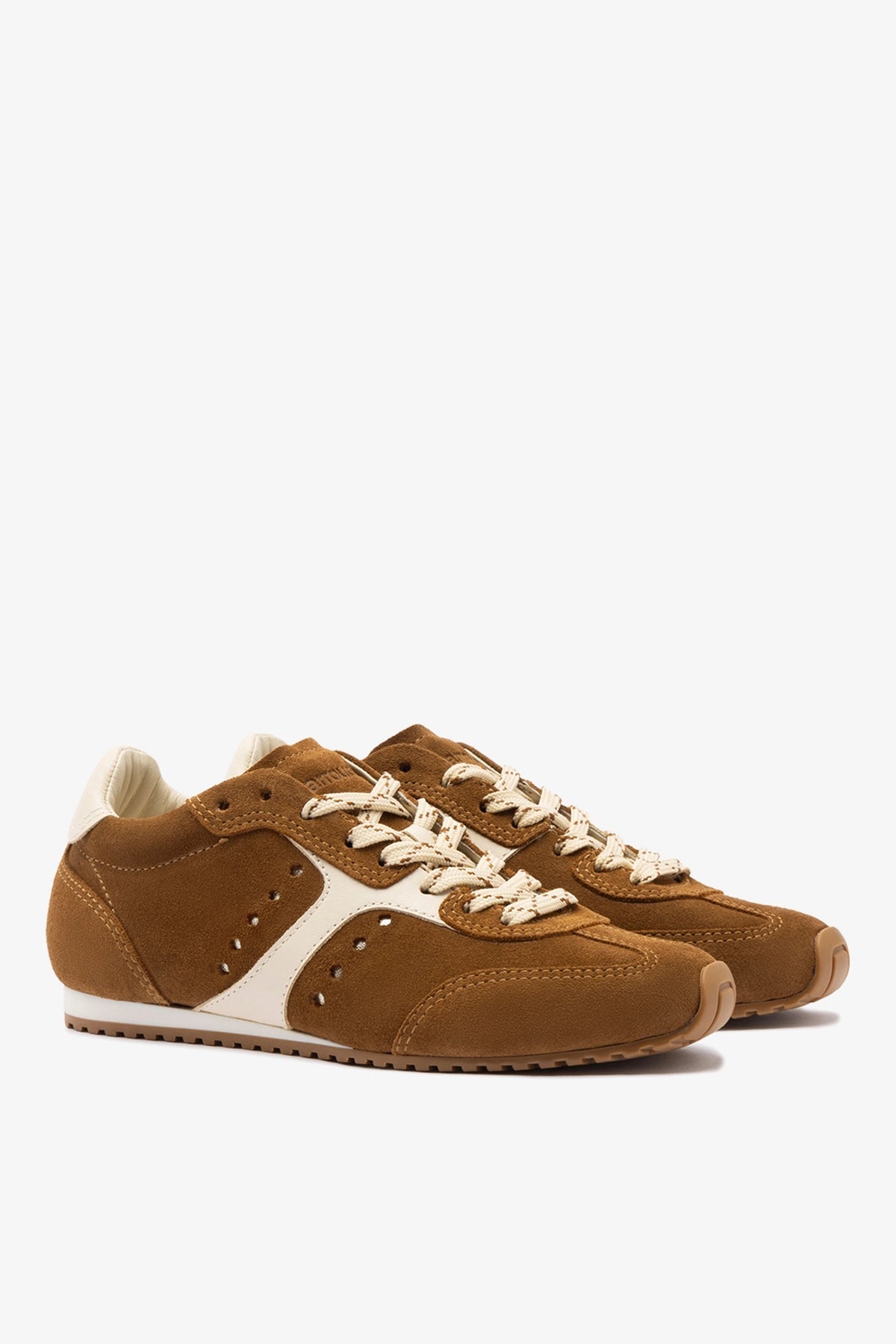 Larroude Stella Sneaker In Russet Suede and Ivory Leather