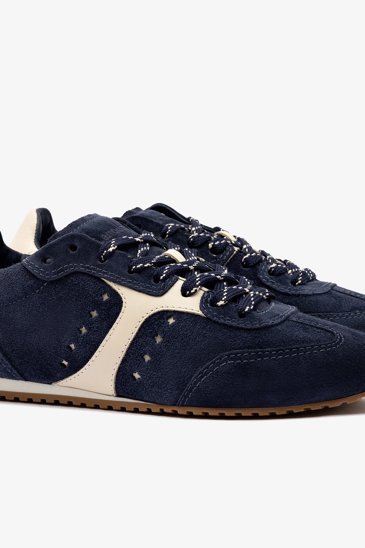 Larroude Stella Sneaker In Navy Suede and Ivory Leather