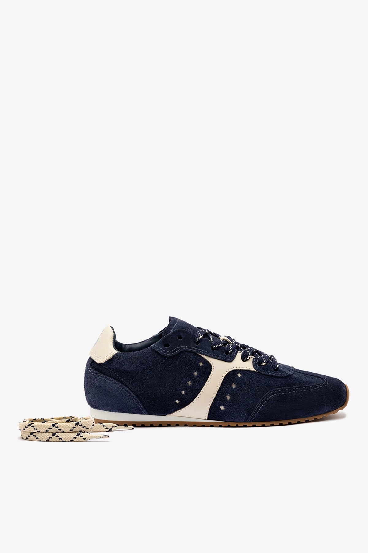 Larroude Stella Sneaker In Navy Suede and Ivory Leather