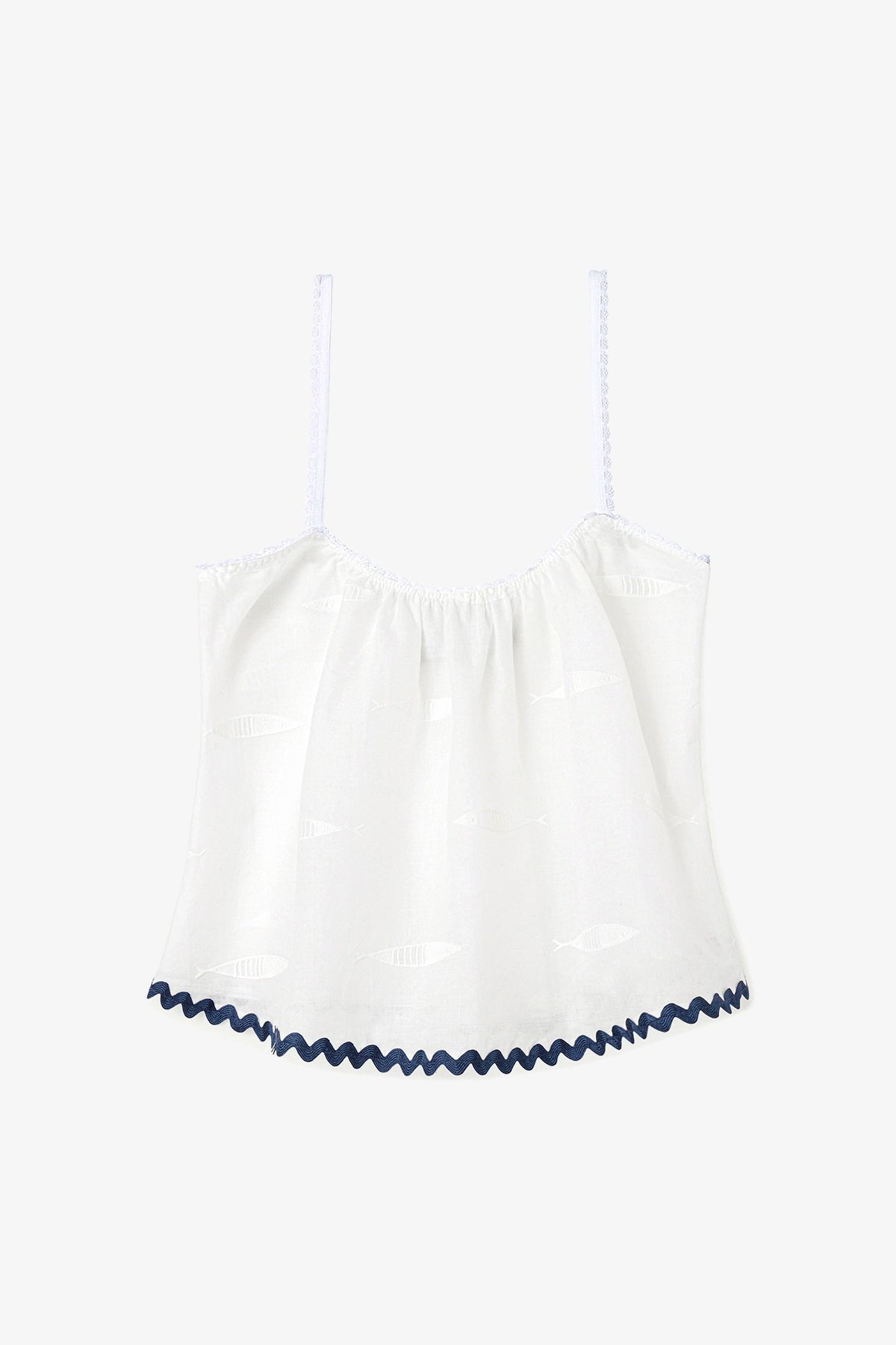 Larroude The Perfect Tank Top Embroidered Fish with Navy Trim