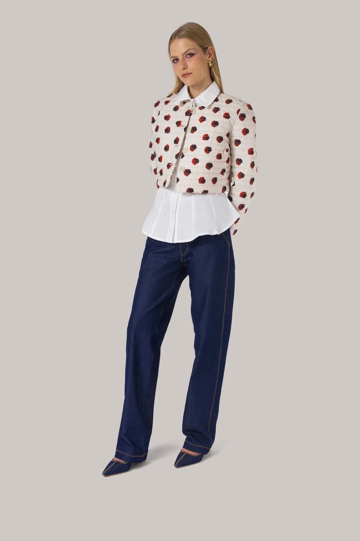 Larroude Gloria Cropped Jacket White Floral Cotton