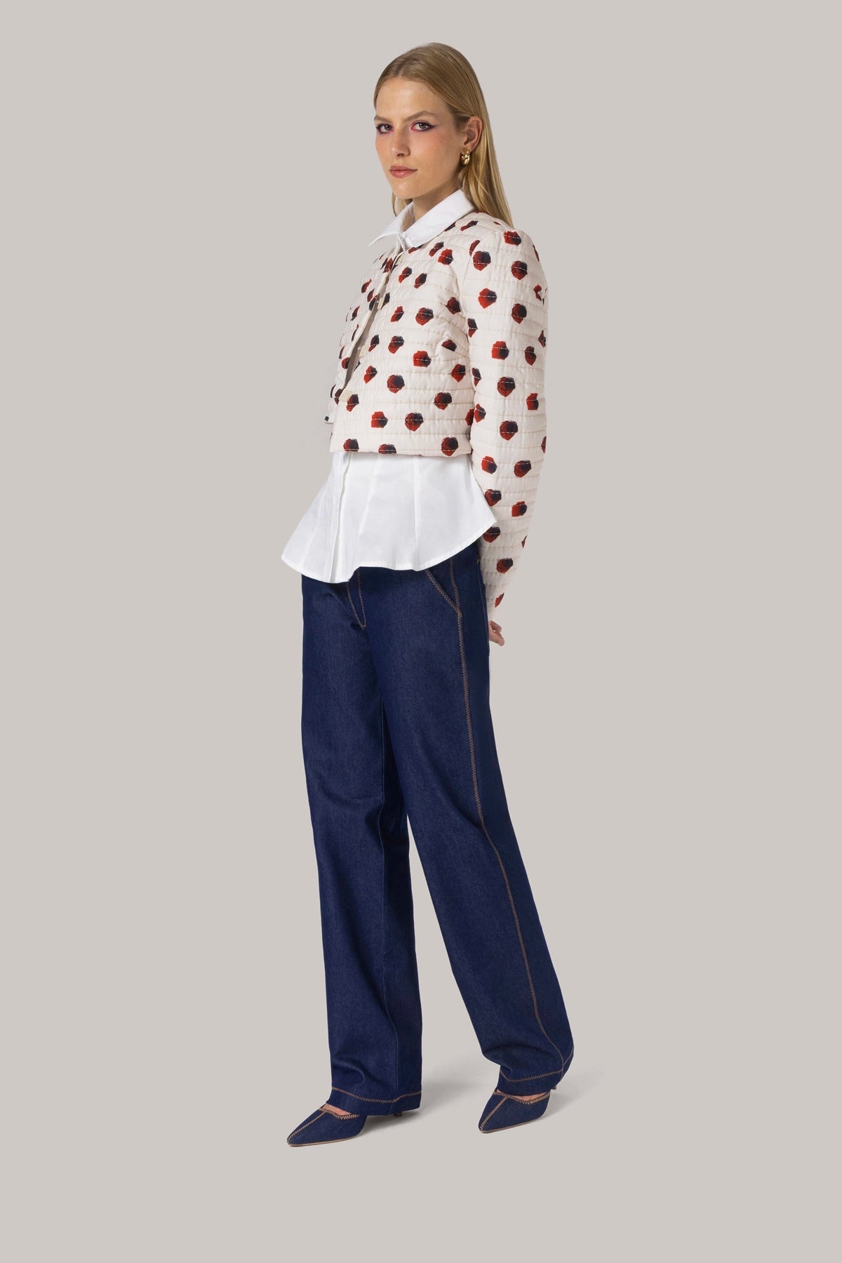Larroude Gloria Cropped Jacket White Floral Cotton