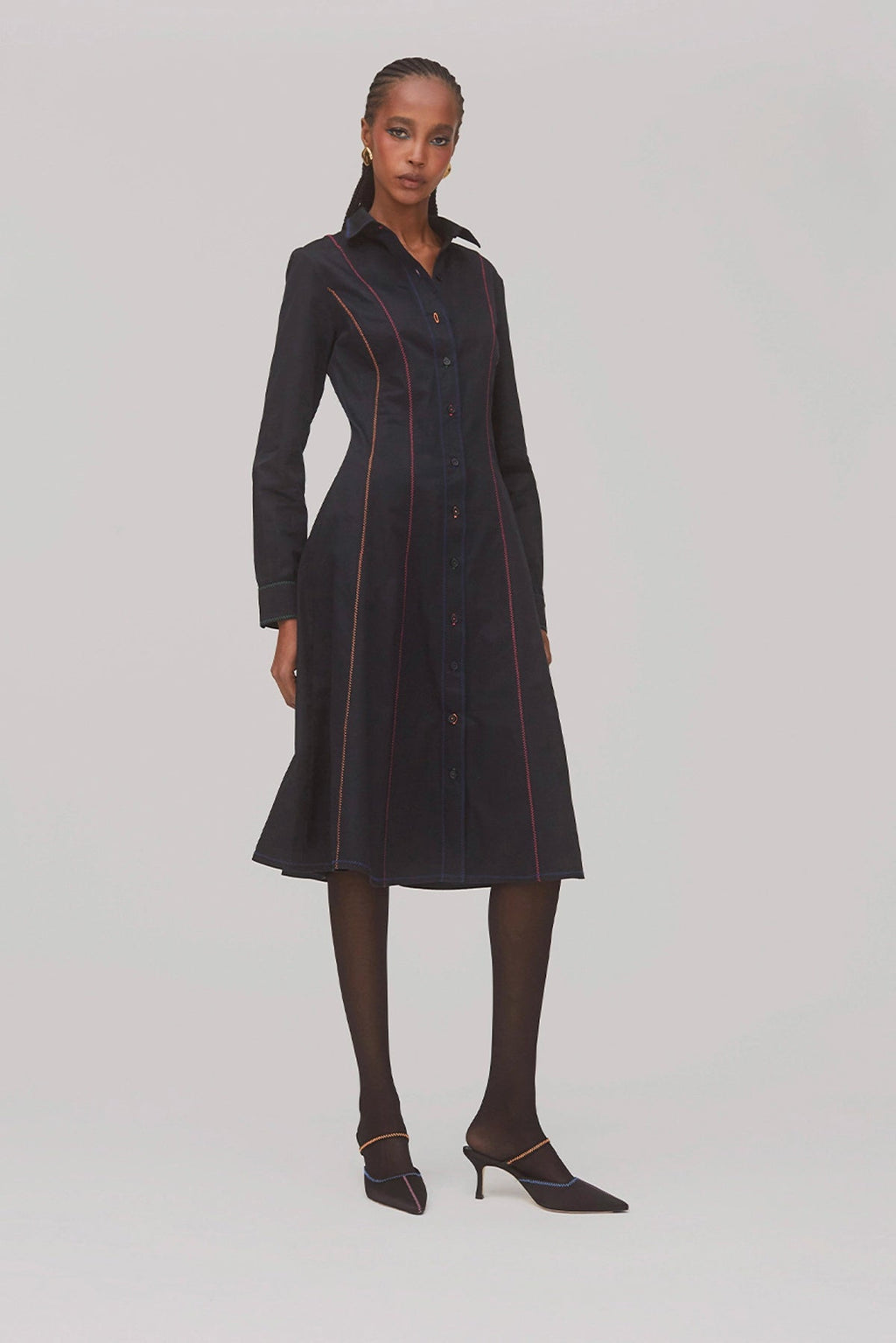 Larroude Elena Buttondown Dress In Black Percale
