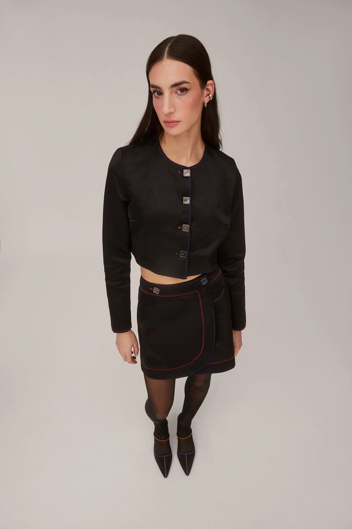 Larroude Marina Mini Skirt In Black Satin