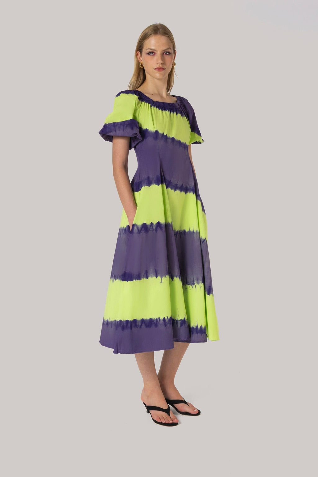 Larroude Marissa Dress Purple and Green Tie Dye Cotton