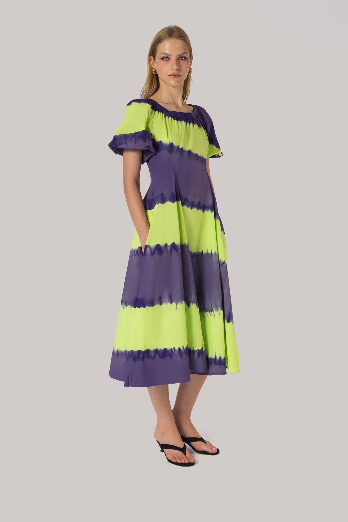 Larroude Marissa Dress Purple and Green Tie Dye Cotton