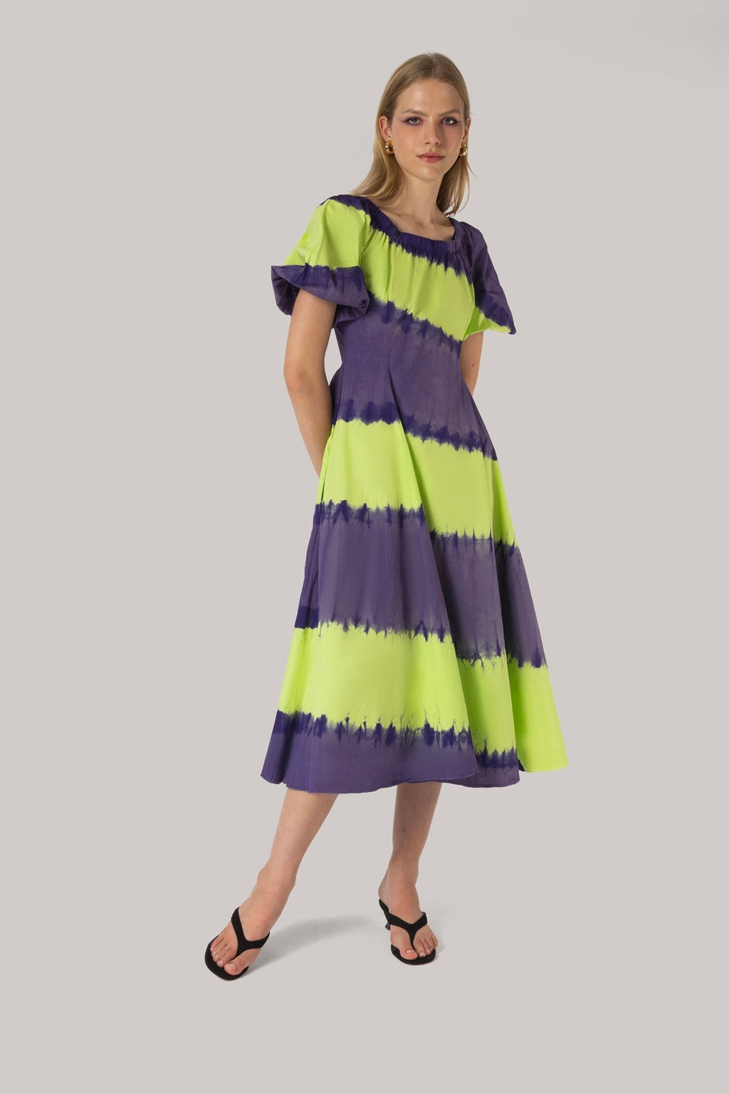Larroude Marissa Dress Purple and Green Tie Dye Cotton