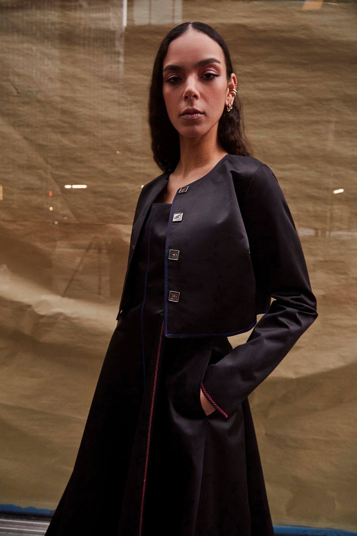 Larroude Gloria Cropped Jacket In Black Satin