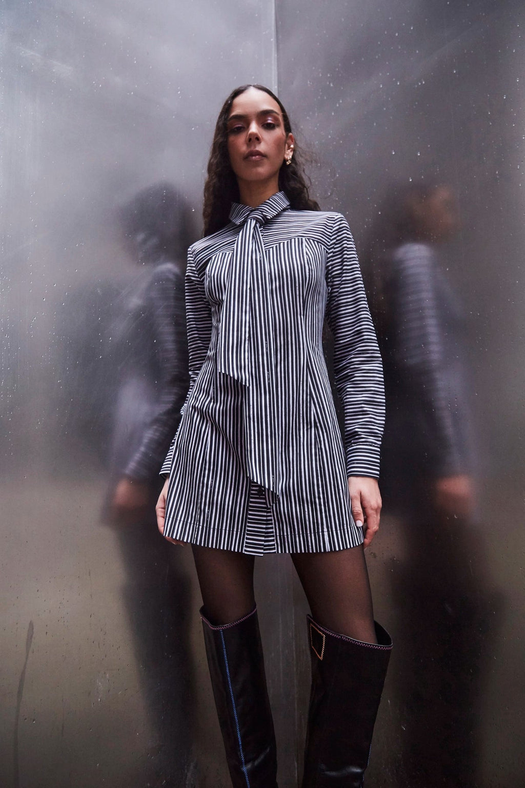 Larroude Annie Bustier Dress In Black and White Striped Cotton