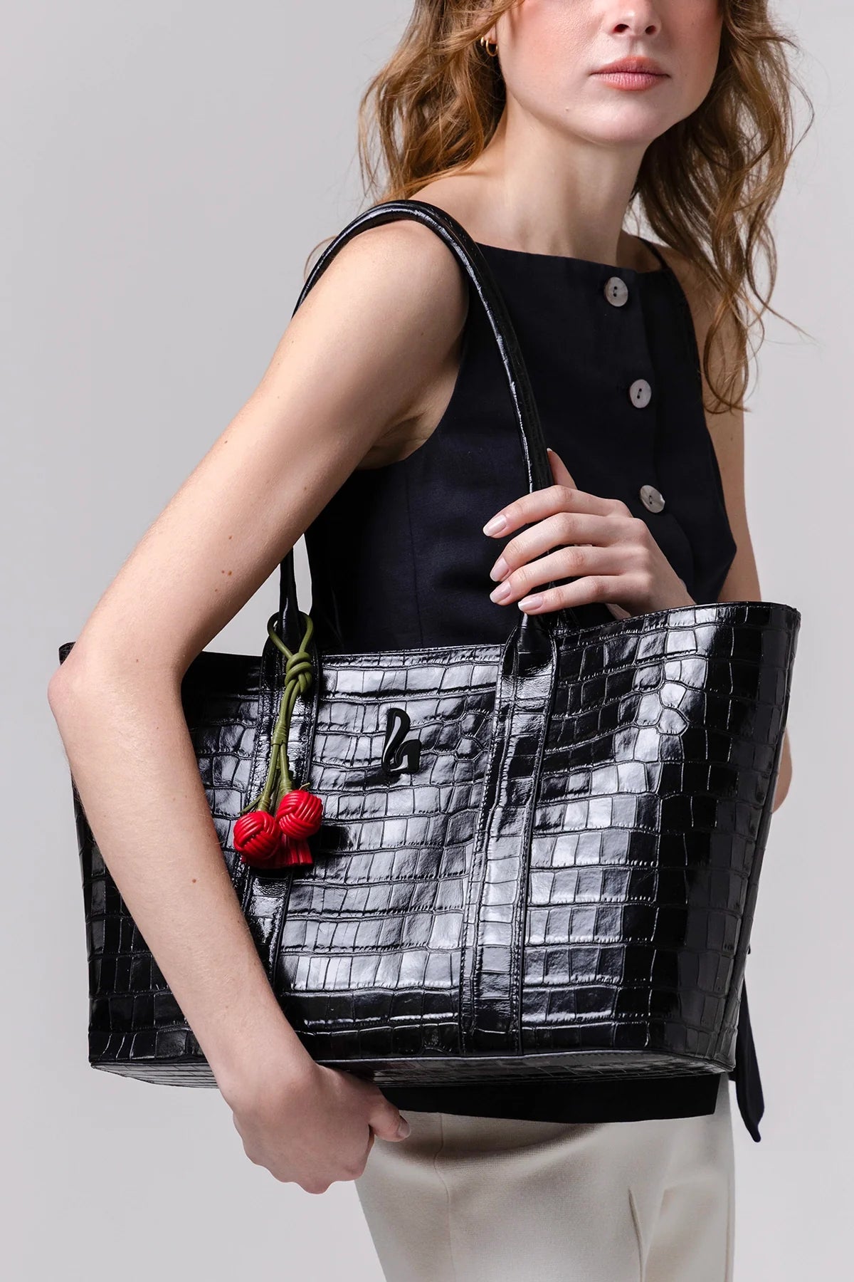 Larroude City Tote Bag Black Croco Leather