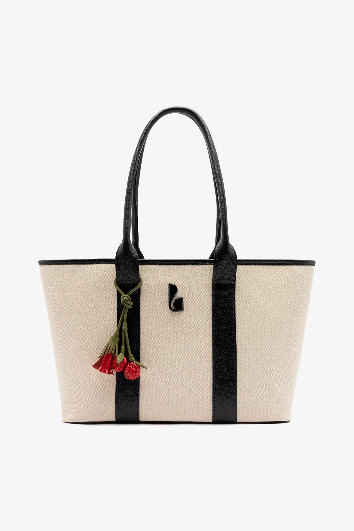 Larroude City Tote Bag Natural Canvas and Black Leather