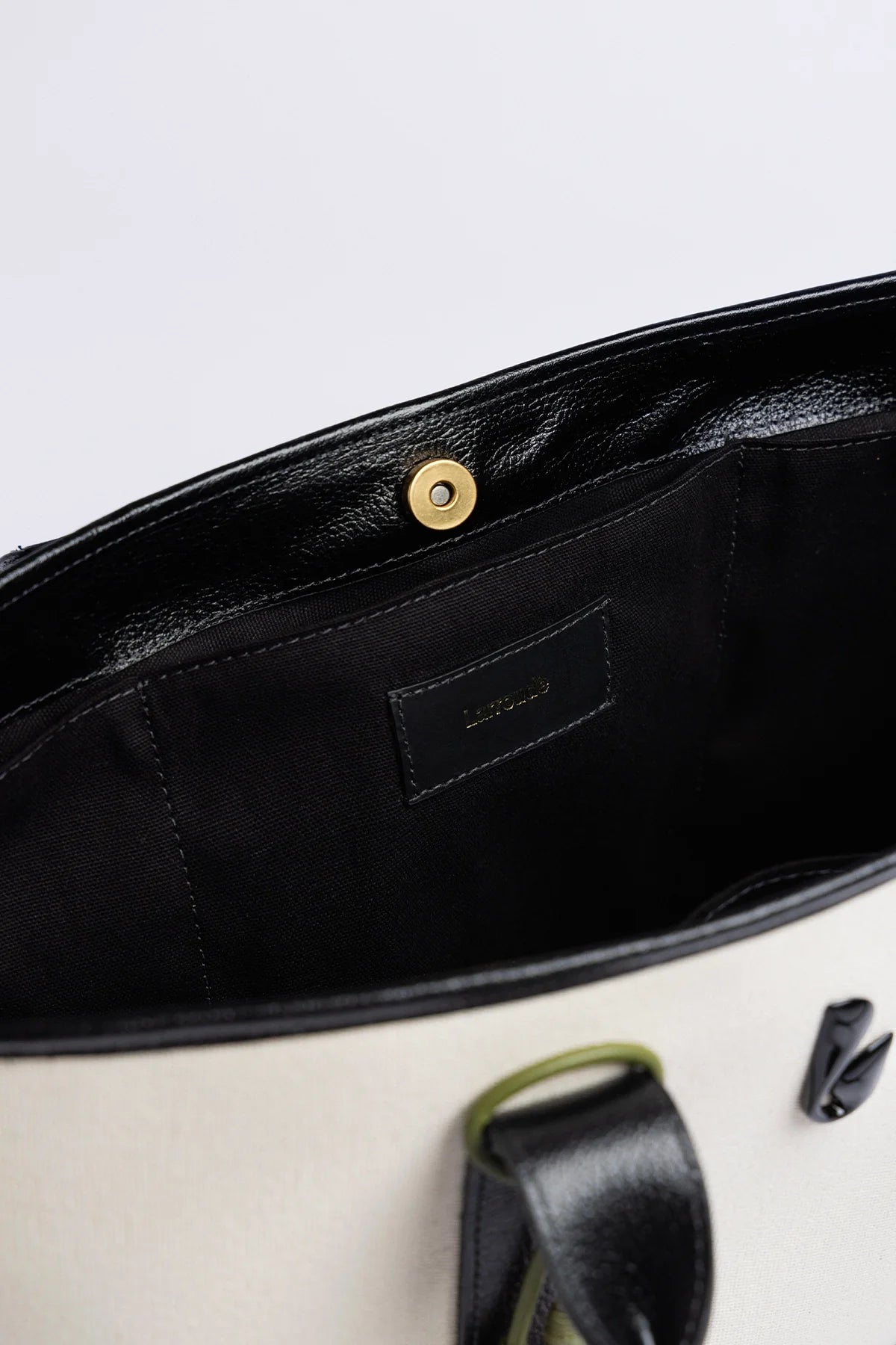 Larroude City Tote Bag Natural Canvas and Black Leather