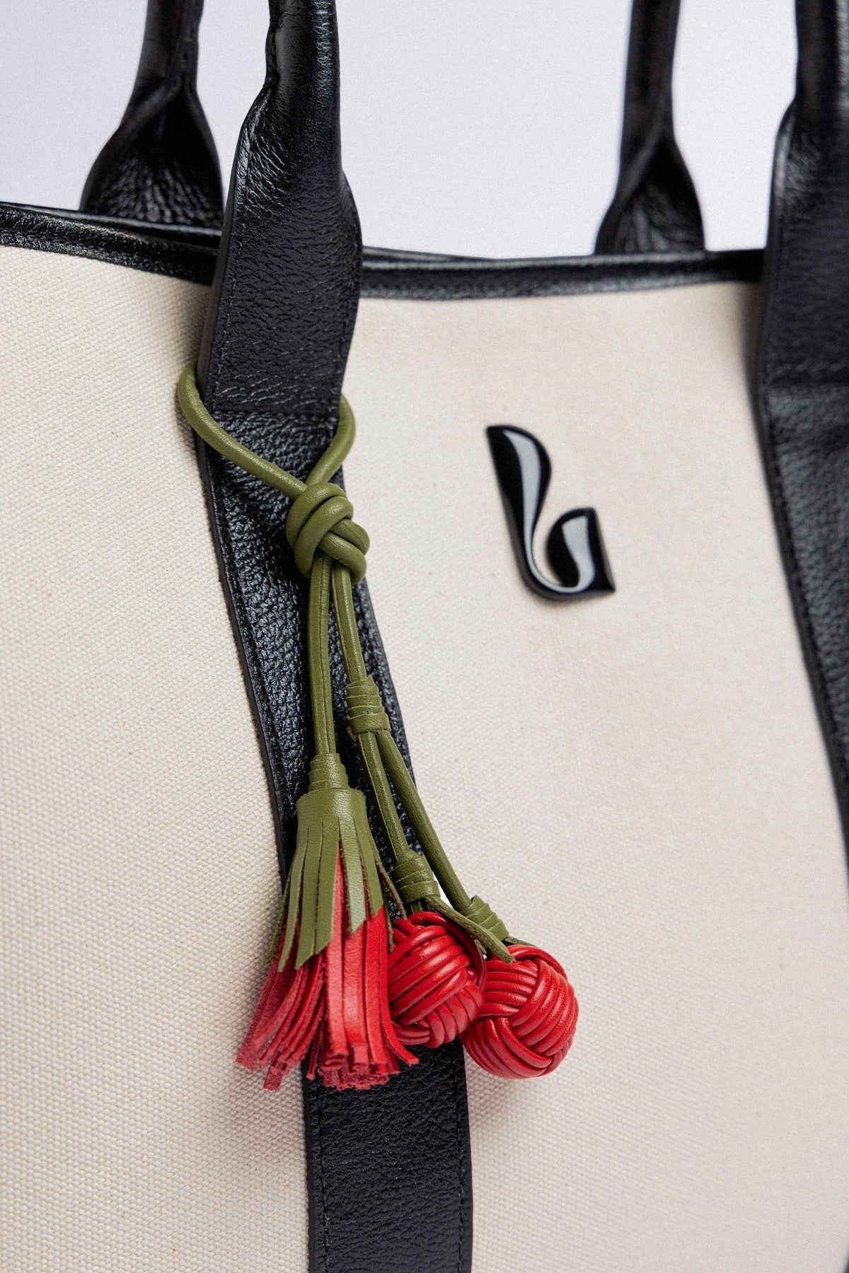 Larroude City Tote Bag Natural Canvas and Black Leather