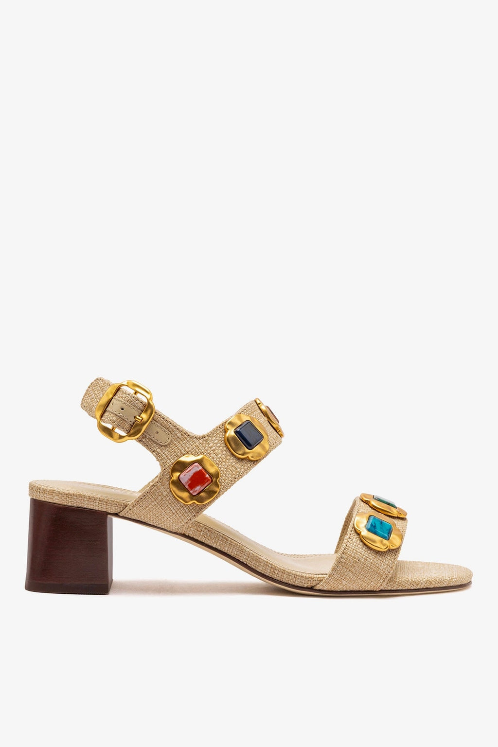 Larroude Milan Gioiello Block Sandal In Beige Raffia