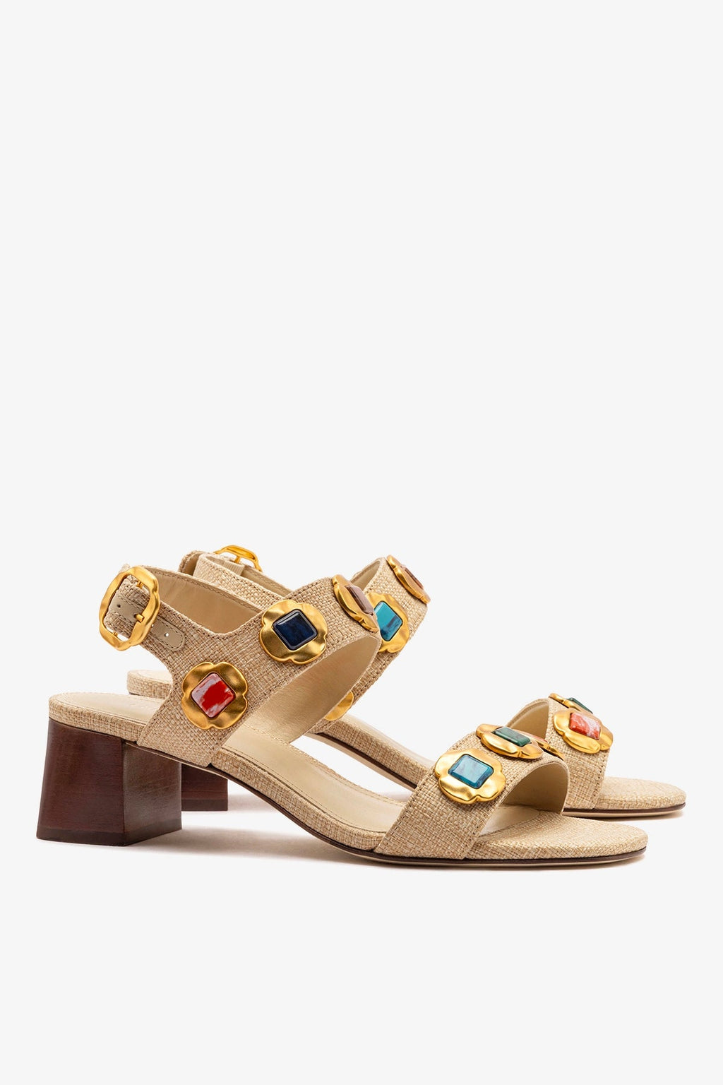 Larroude Milan Gioiello Block Sandal In Beige Raffia