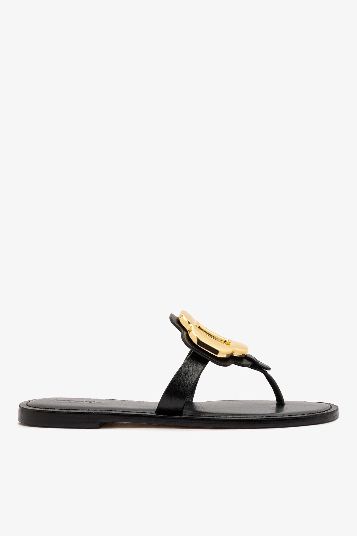 Larroude Margherita Thong Sandal in Black Leather and Gold Hardware