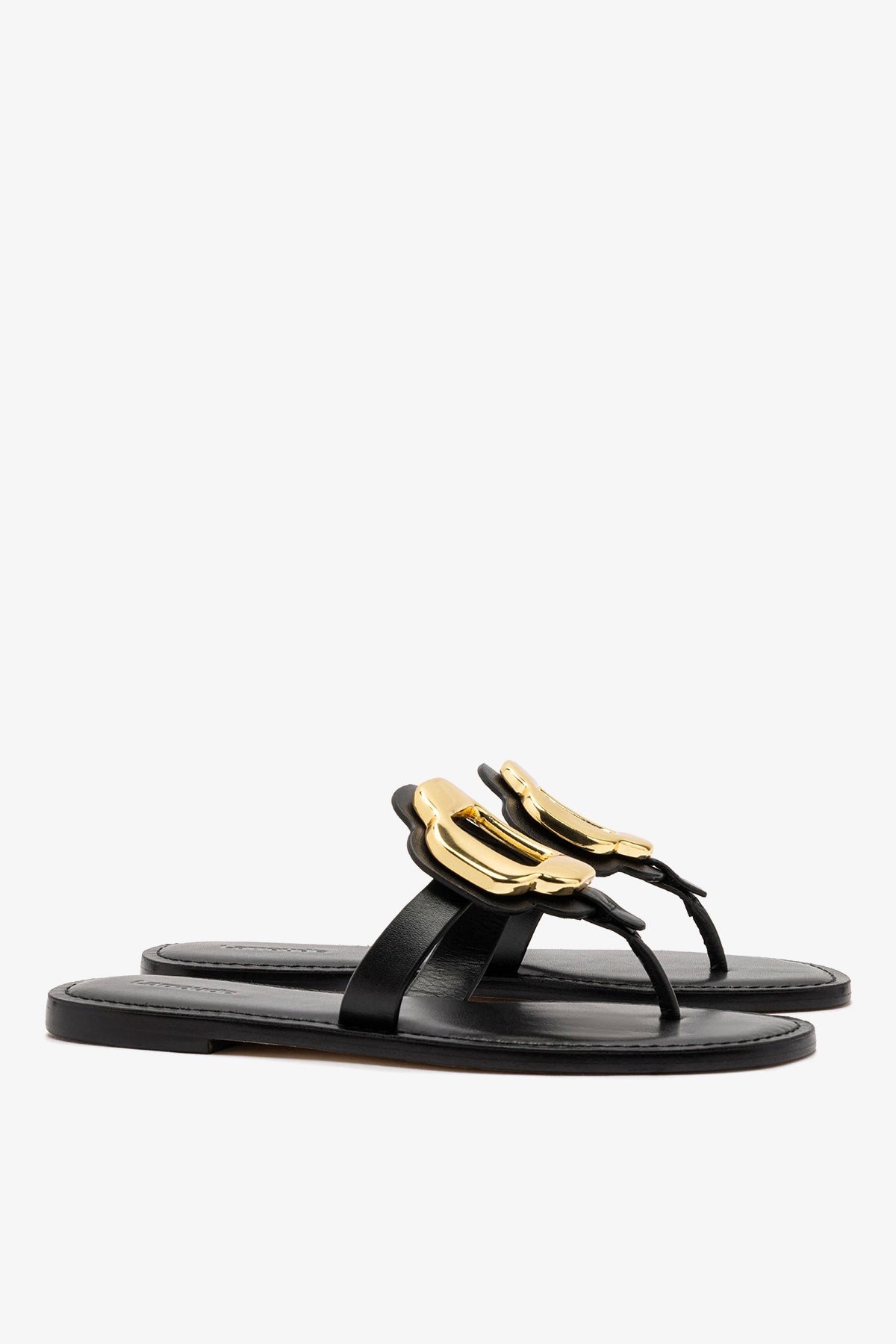 Larroude Margherita Thong Sandal in Black Leather and Gold Hardware