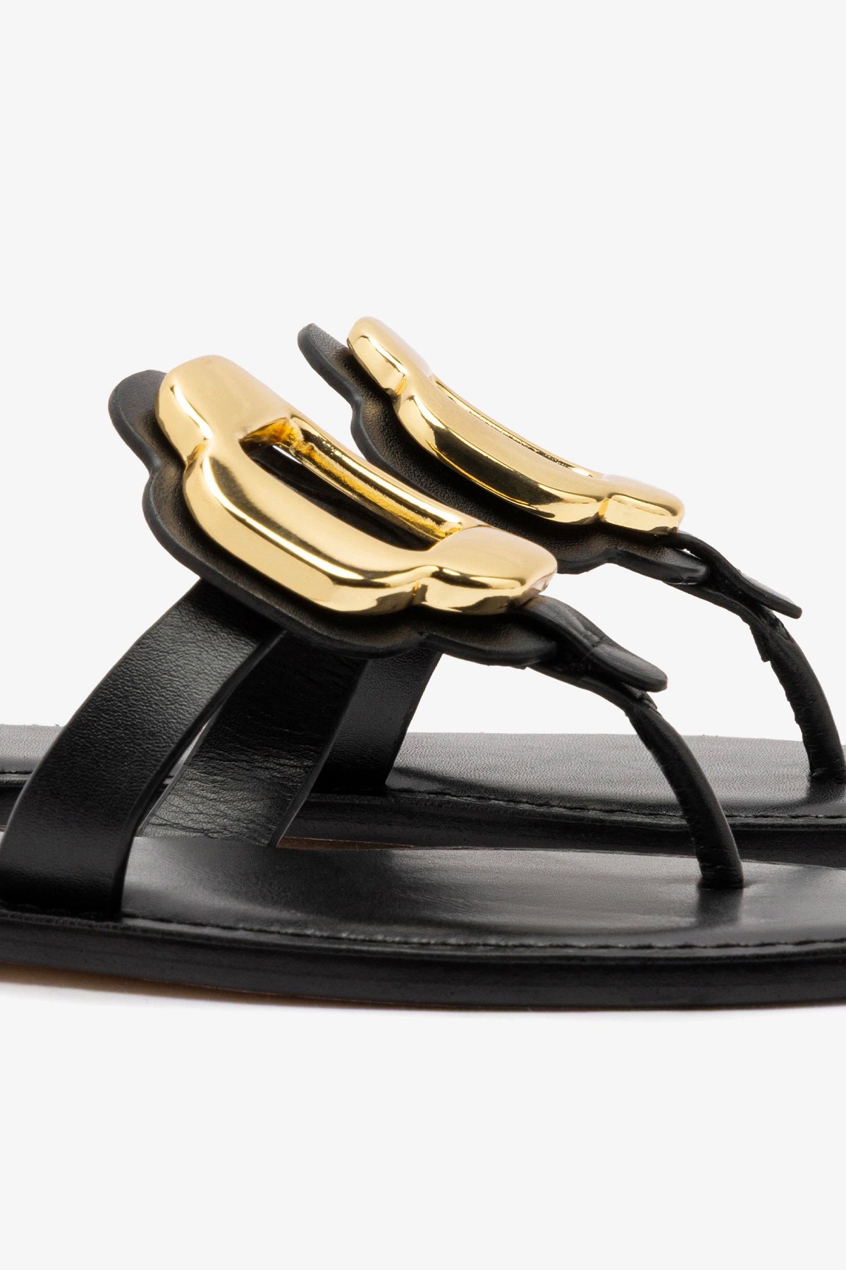 Larroude Margherita Thong Sandal in Black Leather and Gold Hardware