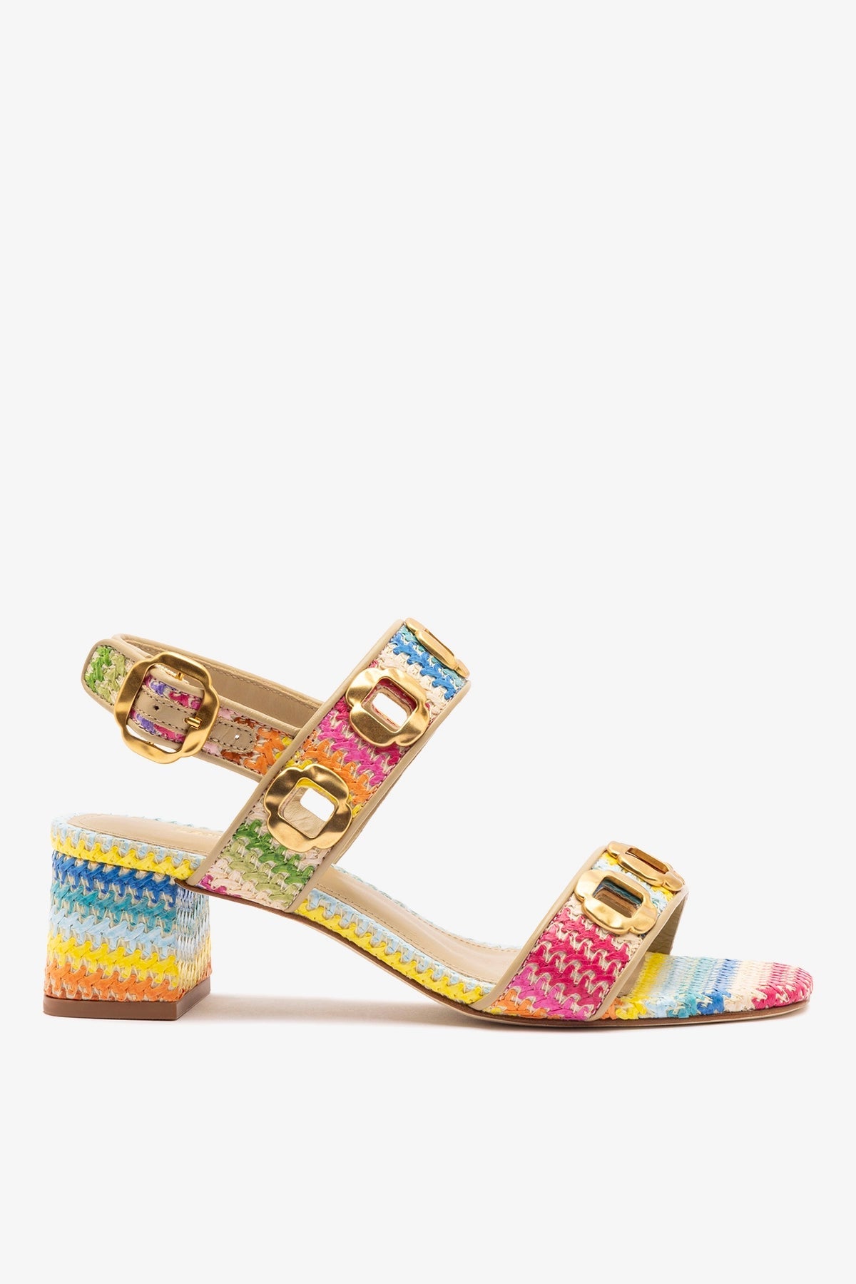 Larroude Milan Sandal In Rainbow Raffia and Beige Leather