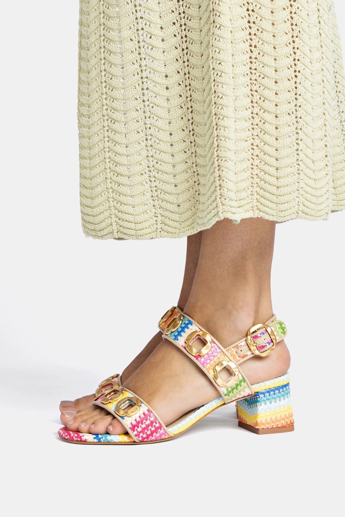 Larroude Milan Sandal In Rainbow Raffia and Beige Leather