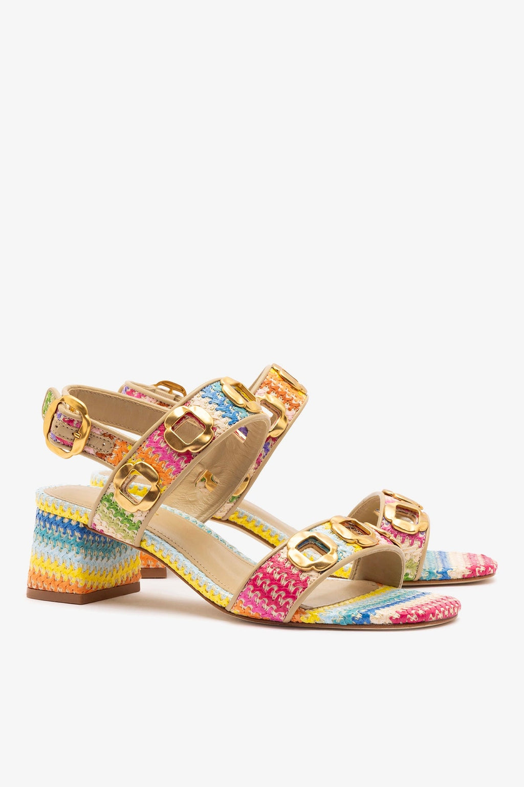 Larroude Milan Sandal In Rainbow Raffia and Beige Leather
