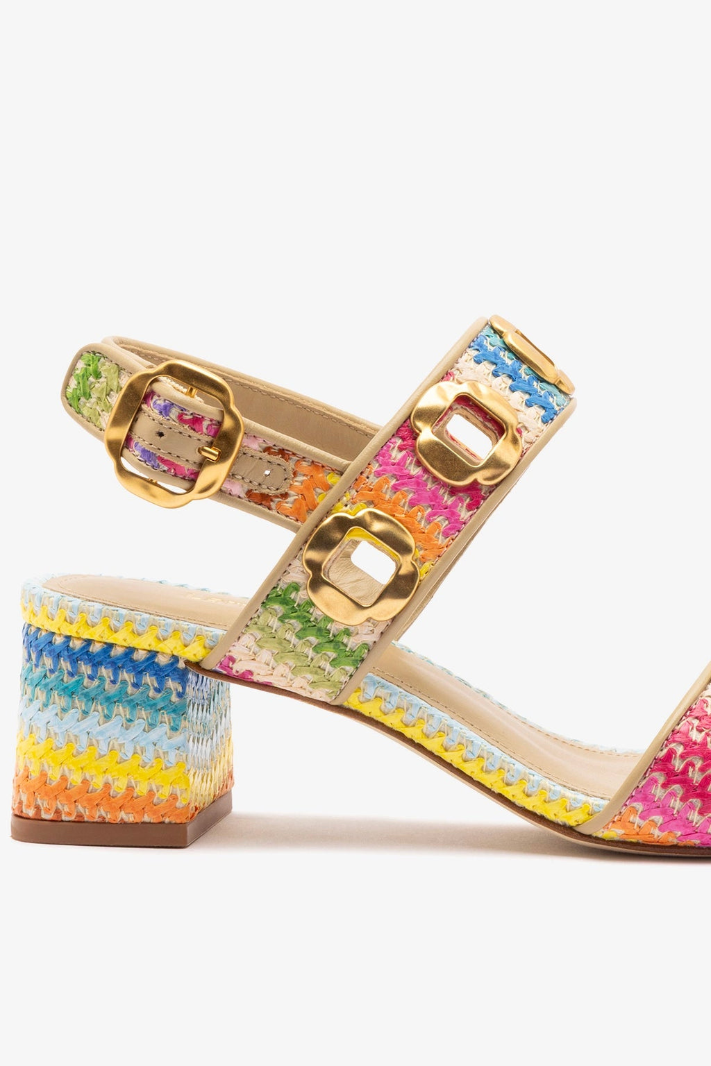 Larroude Milan Sandal In Rainbow Raffia and Beige Leather