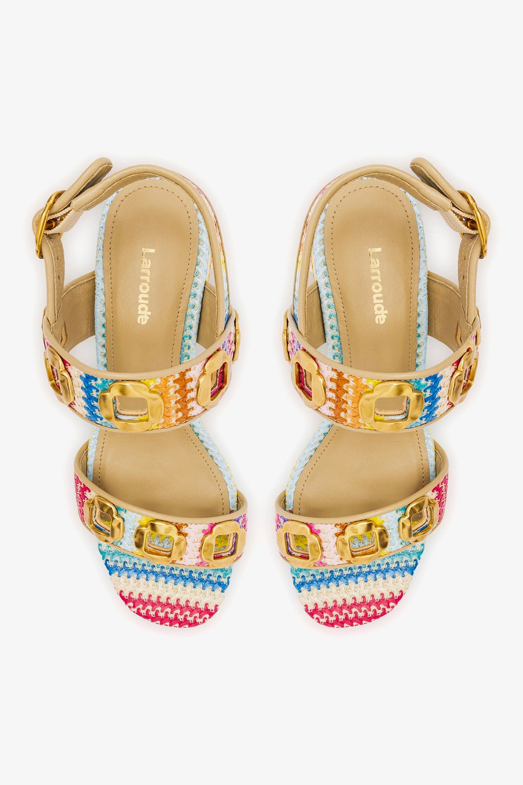 Larroude Milan Sandal In Rainbow Raffia and Beige Leather