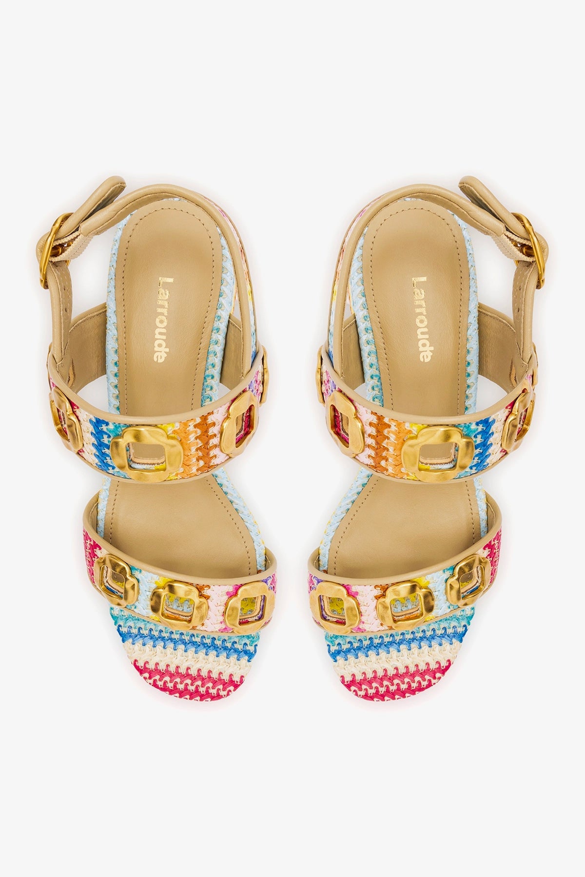 Larroude Milan Sandal In Rainbow Raffia and Beige Leather
