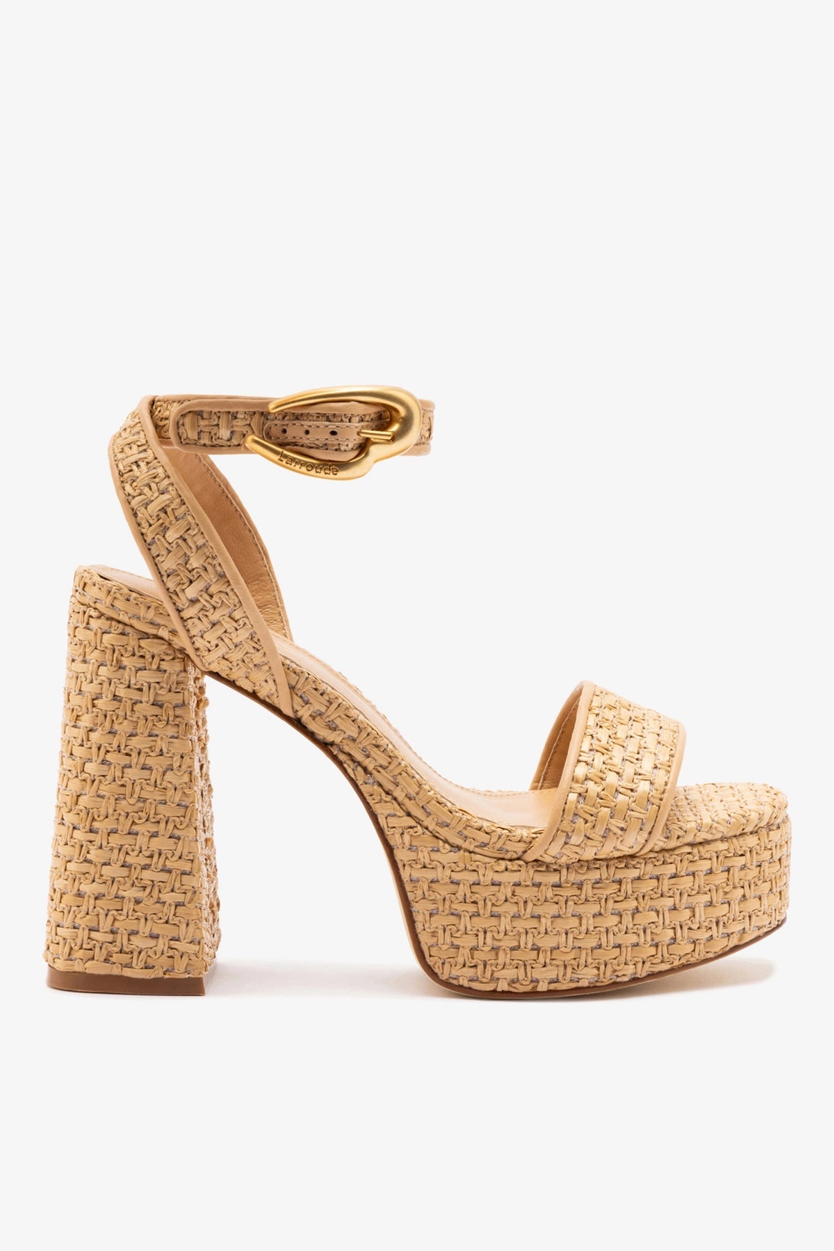 Larroude Dolly Verona Sandal In Beige Leather and Natural Raffia