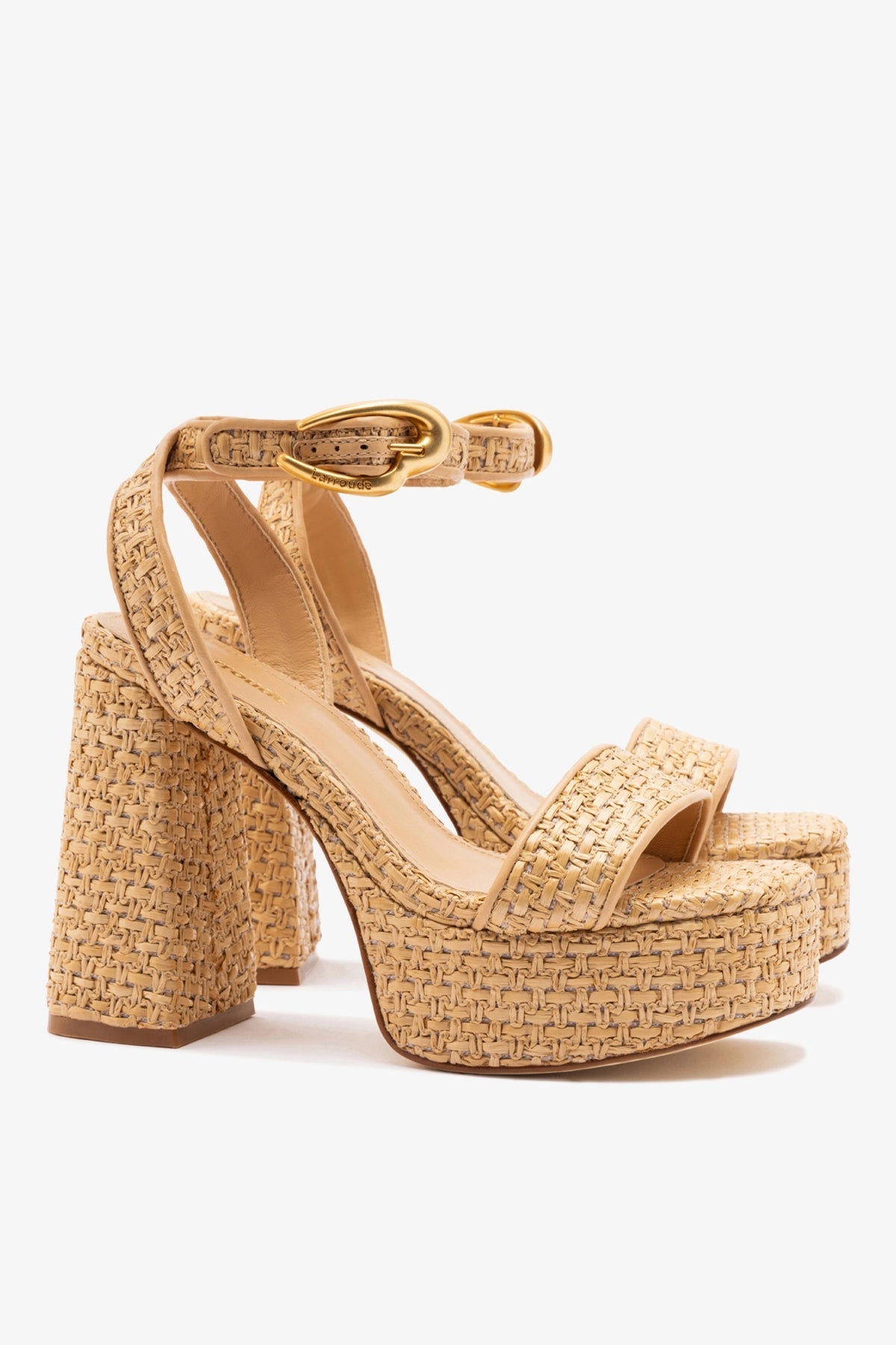 Larroude Dolly Verona Sandal In Beige Leather and Natural Raffia
