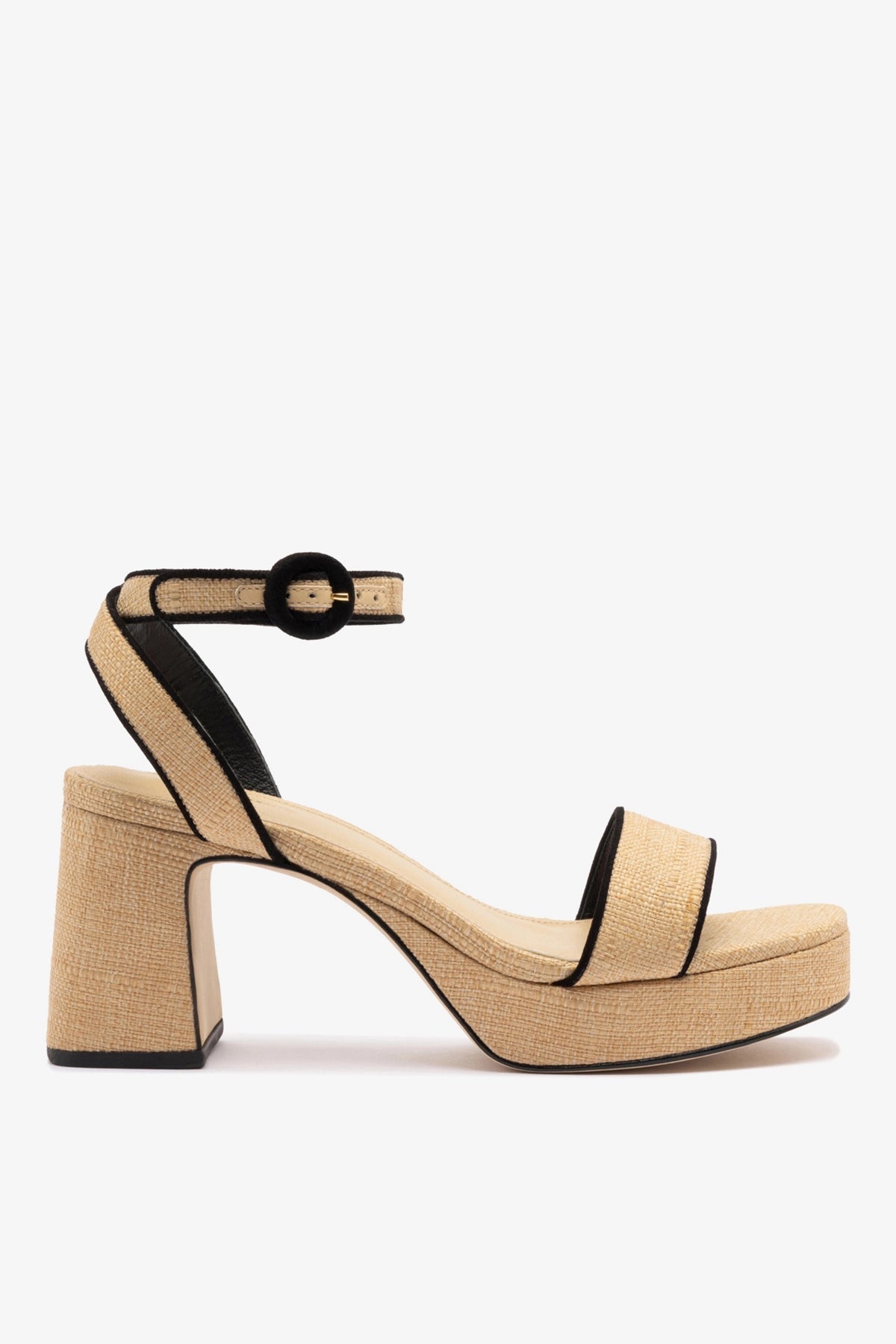 Larroude Dolly Low Sandal In Beige Raffia and Black Trimming