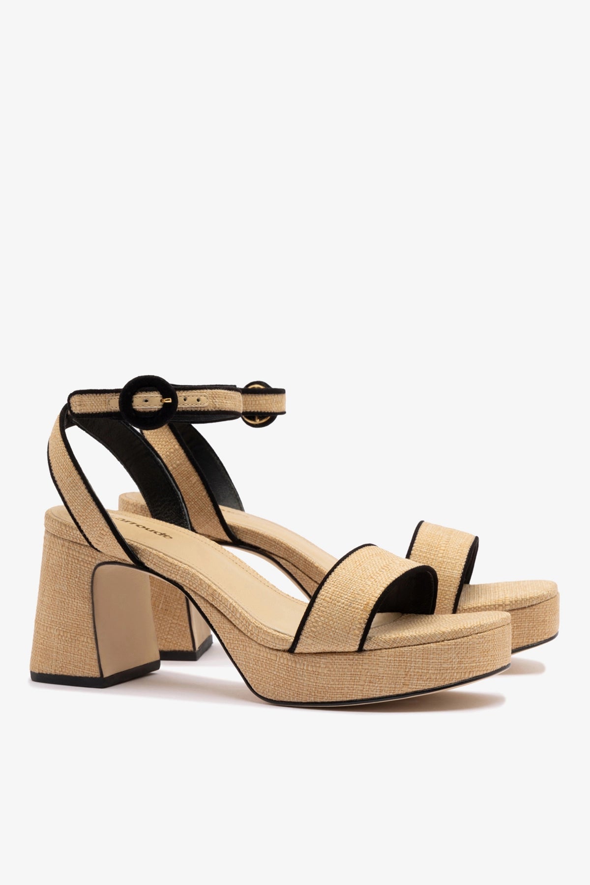 Larroude Dolly Low Sandal In Beige Raffia and Black Trimming
