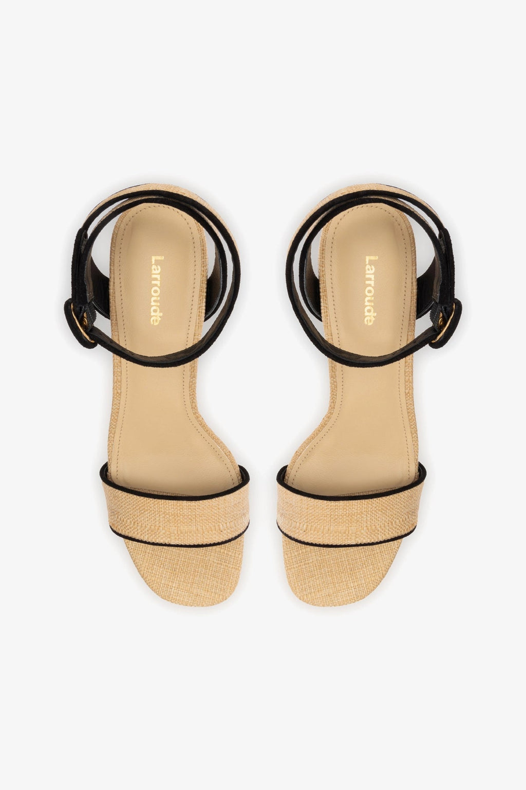 Larroude Dolly Low Sandal In Beige Raffia and Black Trimming