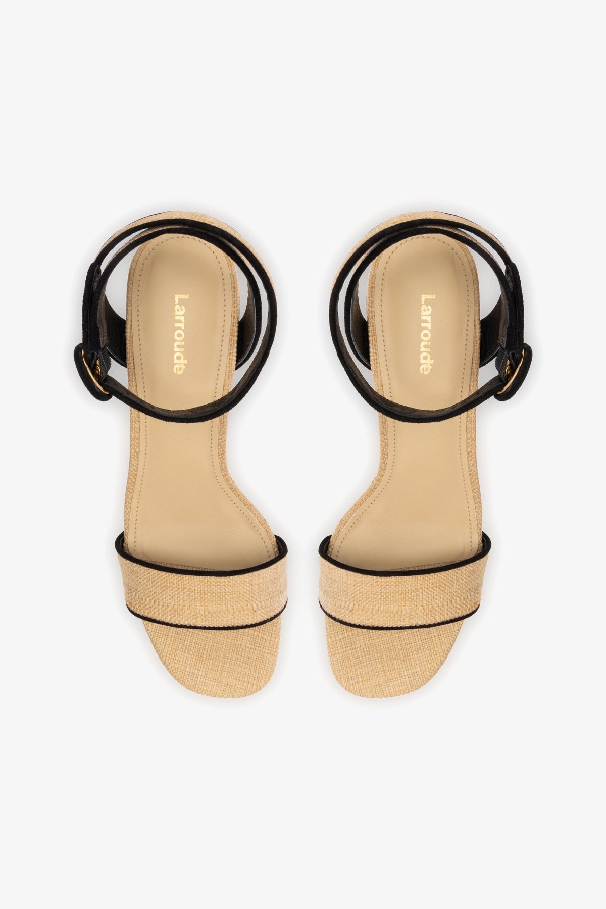 Larroude Dolly Low Sandal In Beige Raffia and Black Trimming