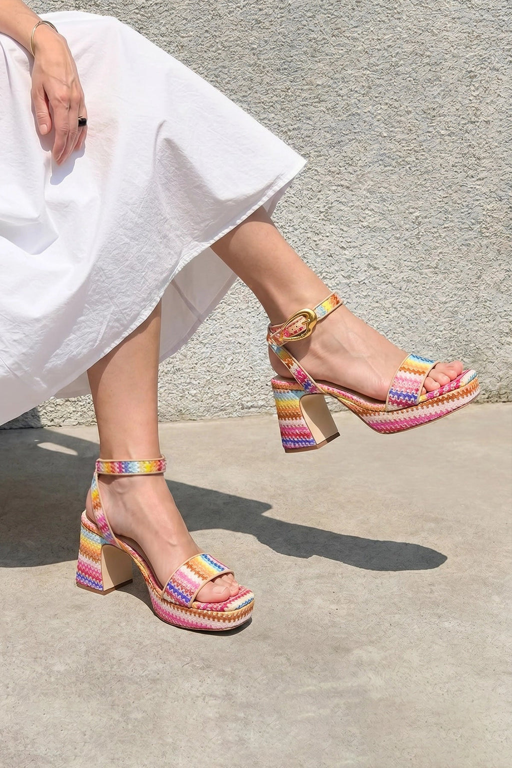 Larroude Dolly Verona Low Sandal In Rainbow Raffia and Beige Leather