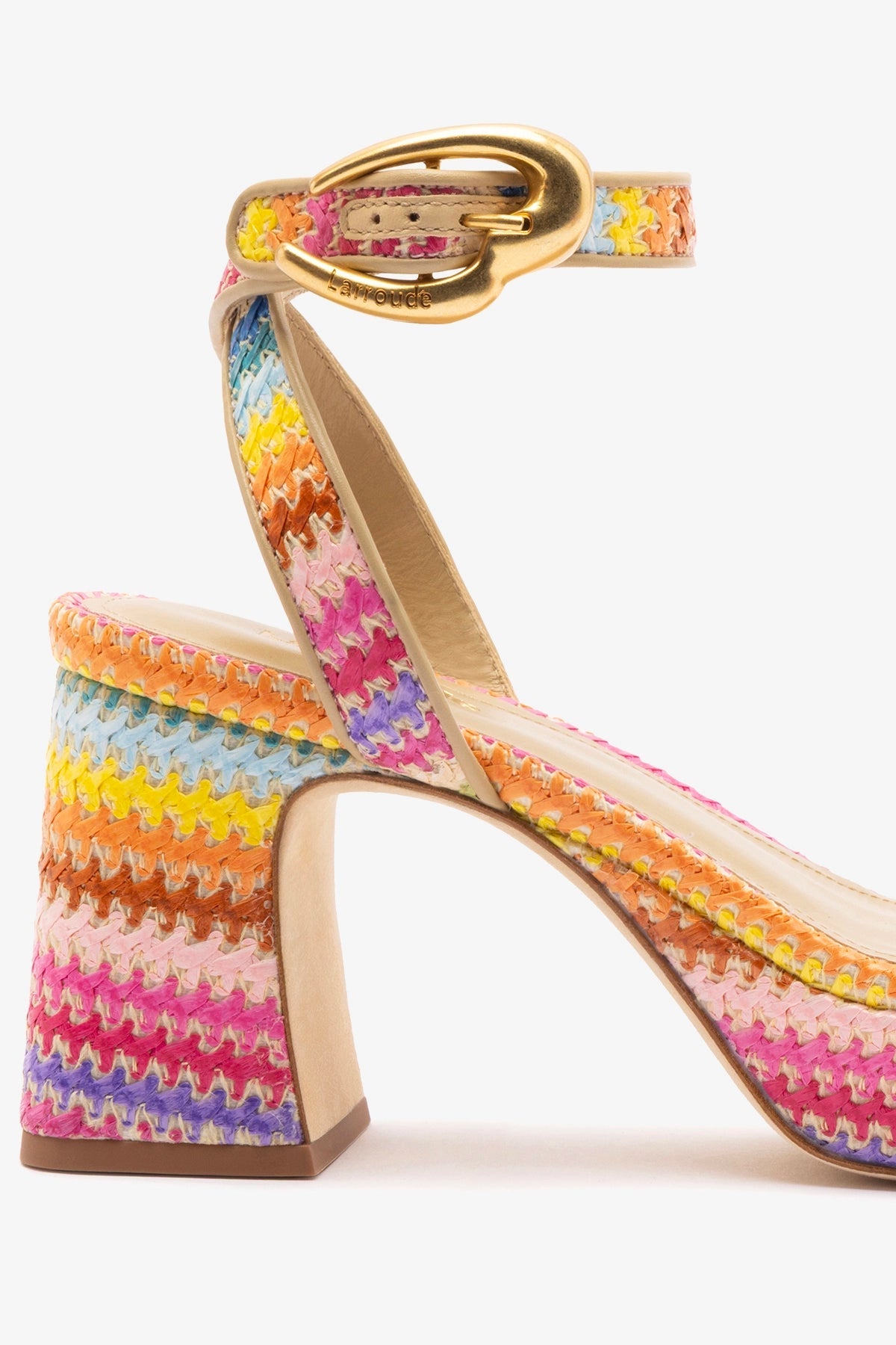 Larroude Dolly Verona Low Sandal In Rainbow Raffia and Beige Leather