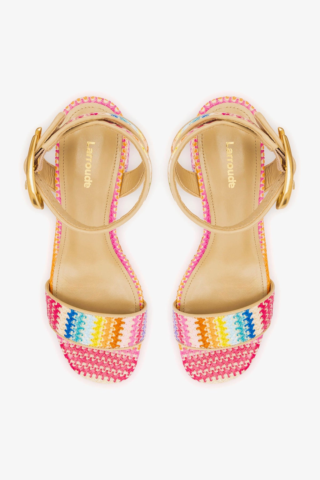 Larroude Dolly Verona Low Sandal In Rainbow Raffia and Beige Leather