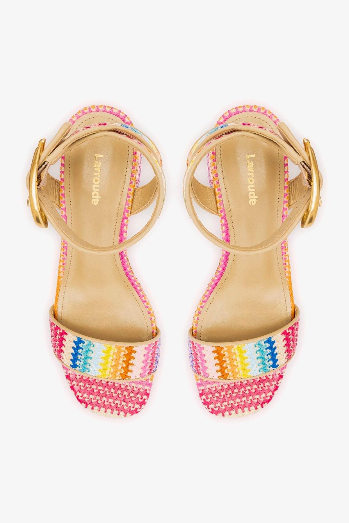 Larroude Dolly Verona Low Sandal In Rainbow Raffia and Beige Leather