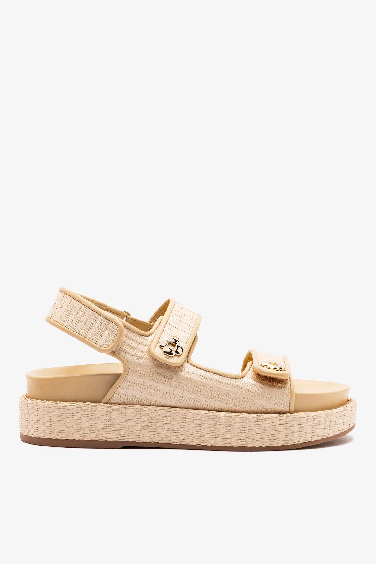 Larroude Jetty Sandal In Natural Beach Raffia and Beige Leather