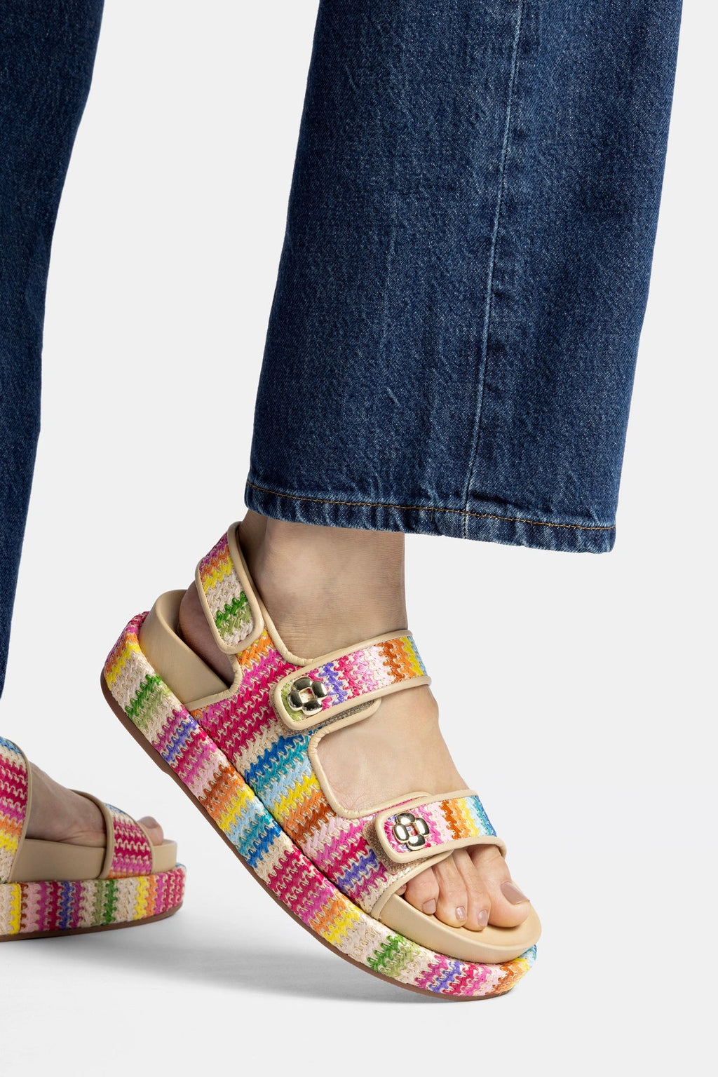 Larroude Jetty Sandal In Rainbow Raffia and Beige Leather